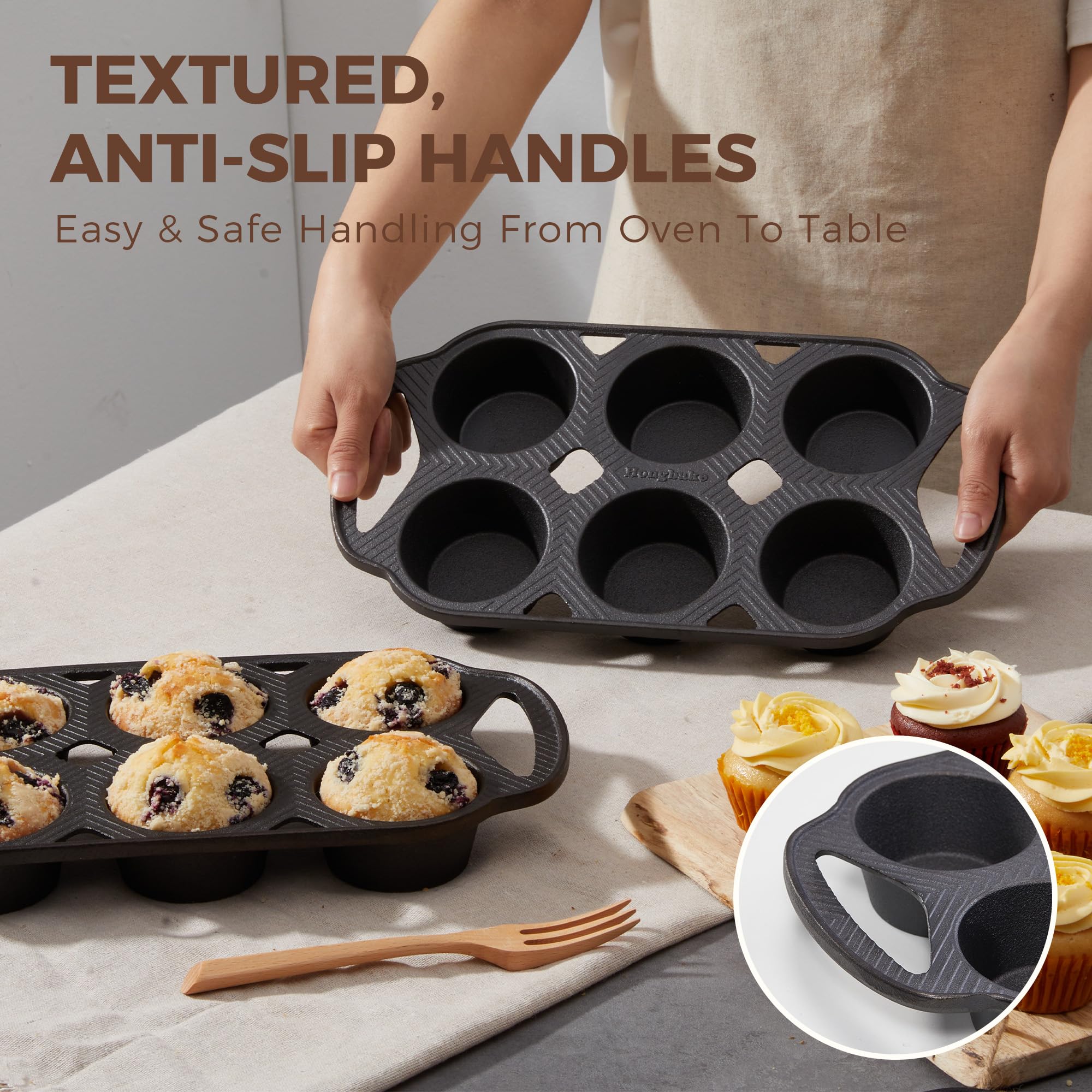 HONGBAKE Everline Collection Cast Iron Muffin Pans, Non toxic Uncoated 6-Cup Muffin Tins, Non-Stick Pre-Seasoned Cupcake Tray Pan Set for Baking, Oven & Stovetop Safe, Standard Size, 2 Pack