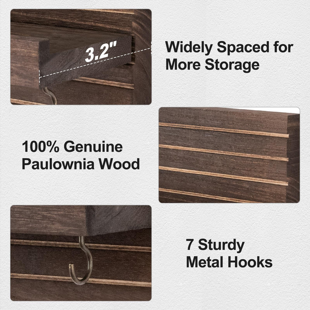 Decorative Key Holder for Wall with Shelf, Entryway Shelf with Hooks Holds Leashes, Jackets and Glasses – Sturdy Wood Keyholder Entrance Hanger with Mounting Hardware (Black, Medium)