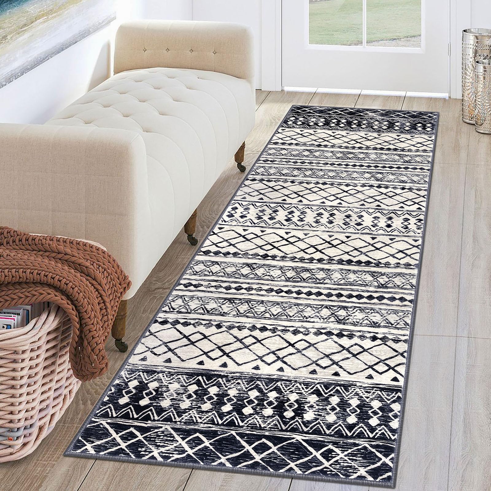 KUTA Washable Non-Slip Rugs for Entryway 2x3, Grey Moroccan Boho Small Area Rug, Ultra Soft Vintage Geometric Low-Pile Indoor Door Mat Floor Carpet for Indoor, Entrance, Kitchen, Bathroom, Bedroom