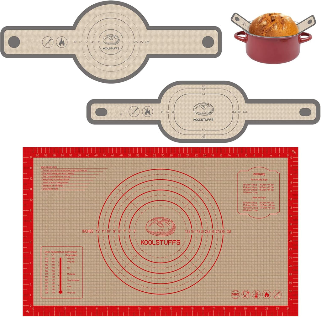 Silicone Baking Set - Non-Slip Pastry Mat (26"x16") with Measurements & 2PCS Silicone Bread Sling, Versatile Non-Stick Baking Accessories for Dough Rolling, Bread, Pizza, Cookies