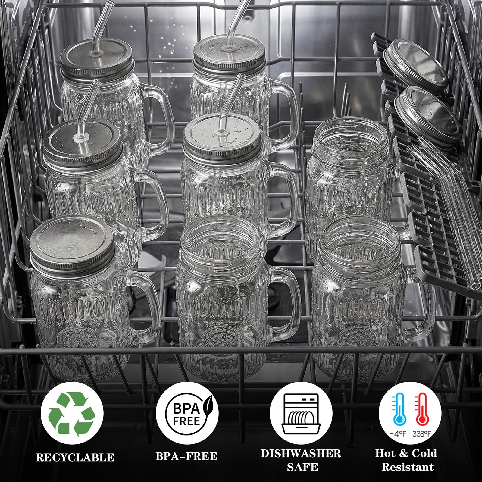 DaYammi Mason Jars with Lids and Straws, 6 Pack 16 Oz Glass Cups for Cold Beverages, Juice, Smoothies, Iced Coffee, Cocktails Leak-Proof Drinking Glasses with Sealed & Straw Lids, Colorful