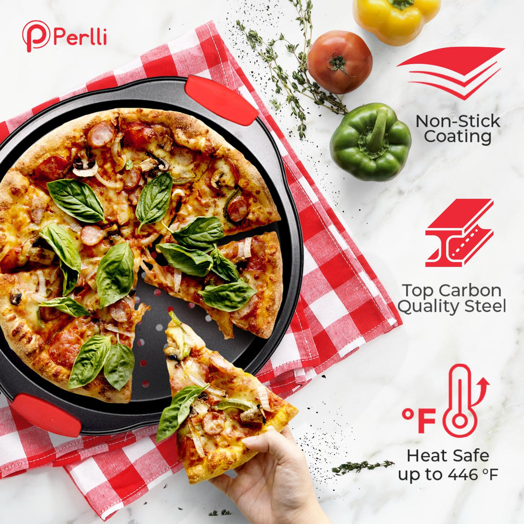 PERLLI Non-Stick 6-Piece Baking Pan Set, BPA-Free Carbon Steel Bakeware Set with Silicone Handles, Stackable Kitchen Oven Set, Cookie Sheet, Baking Tray, Baking Sheet Set, Oven Safe (446°F)