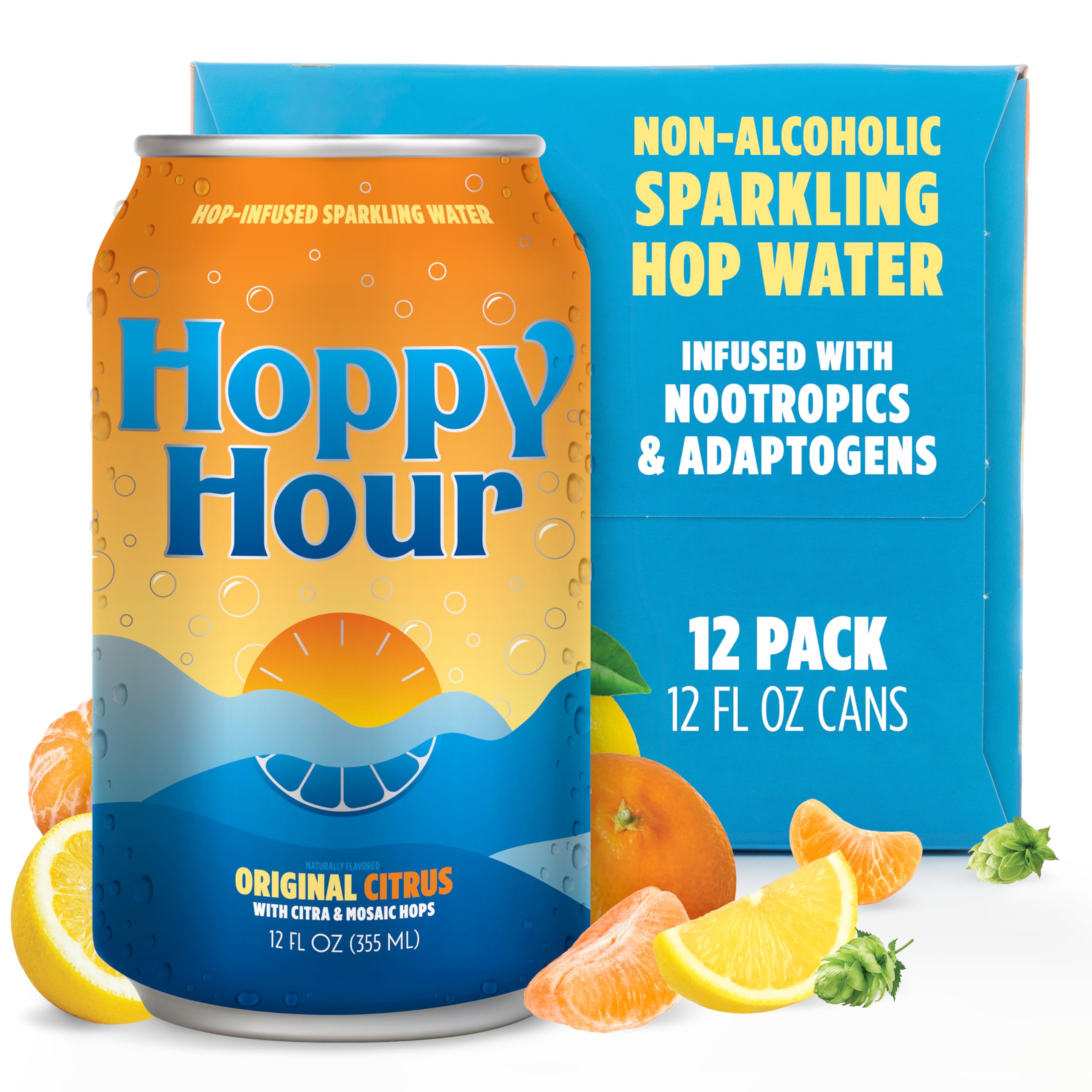 Hoppy Hour Sparkling Hop Water, Non-Alcoholic and Adaptogens Drink, Zero Sugar and Calories, Refreshing Original Citrus Flavor, 12 oz Cans (12-Pack)
