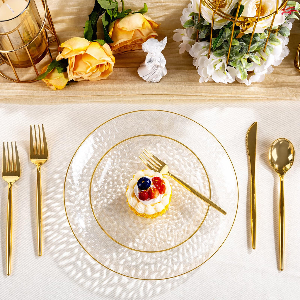DaYammi 240Pcs Gold Plastic Plates Including 120Pcs Dessert Plates and 120Pcs Cake Forks,Hammered Party Plate,Clear Gold Appetizer plates Heavy duty Disposable Plastic Plate for Party Wedding Birthday