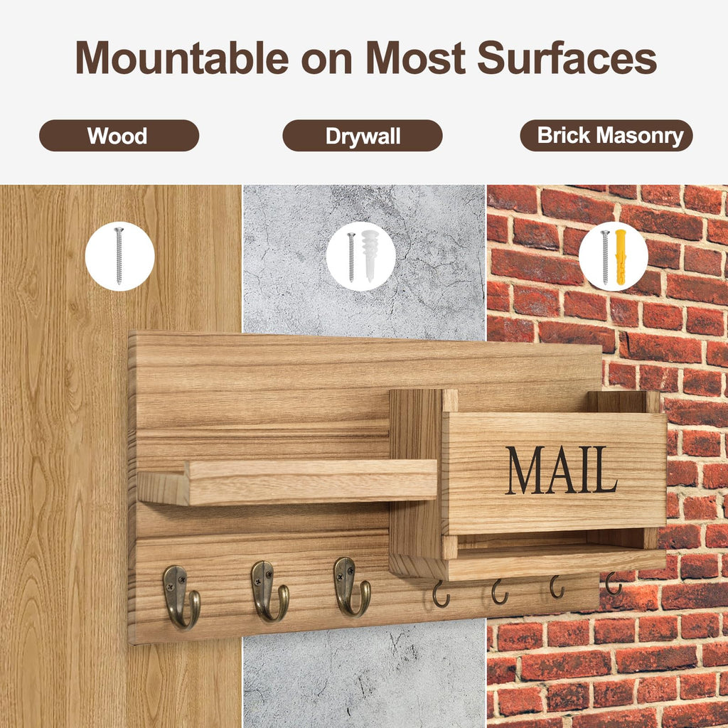 Mail Organizer for Wall Mount – Key Holder with Shelf Includes Letter Holder and Hooks for Hallway Farmhouse Decor – Rustic Wood with Flush Mounting Hardware (16.5” x 9.1” x 3.4”) (White)