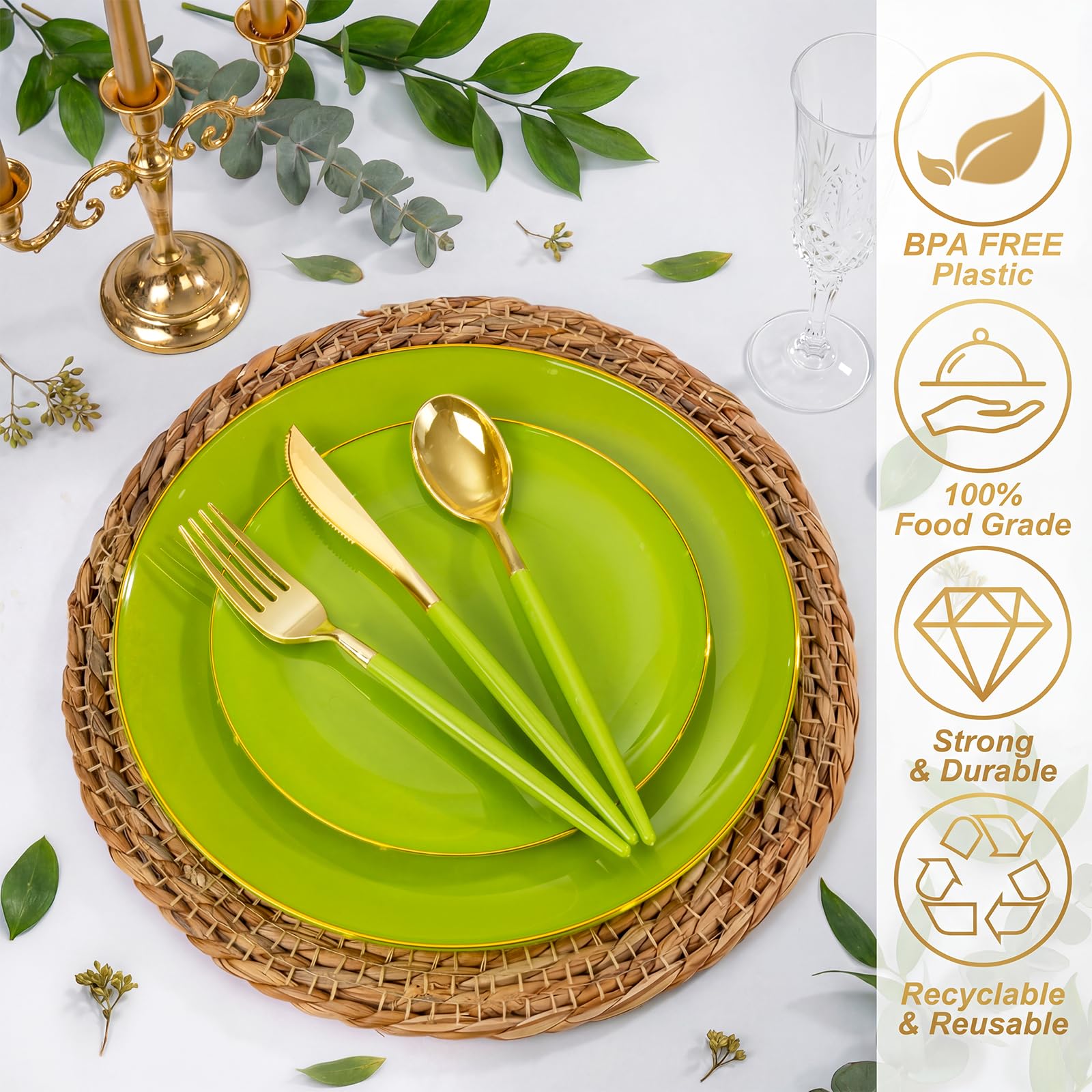 DaYammi 150Pcs Gold Plastic Plates with Disposable Silverware,White Gold Disposable Dinnerware Set - 30 Dinner Plate,30 Dessert Plate,90 Gold Cutlery with White Handles,Fancy Plates for Party Wedding