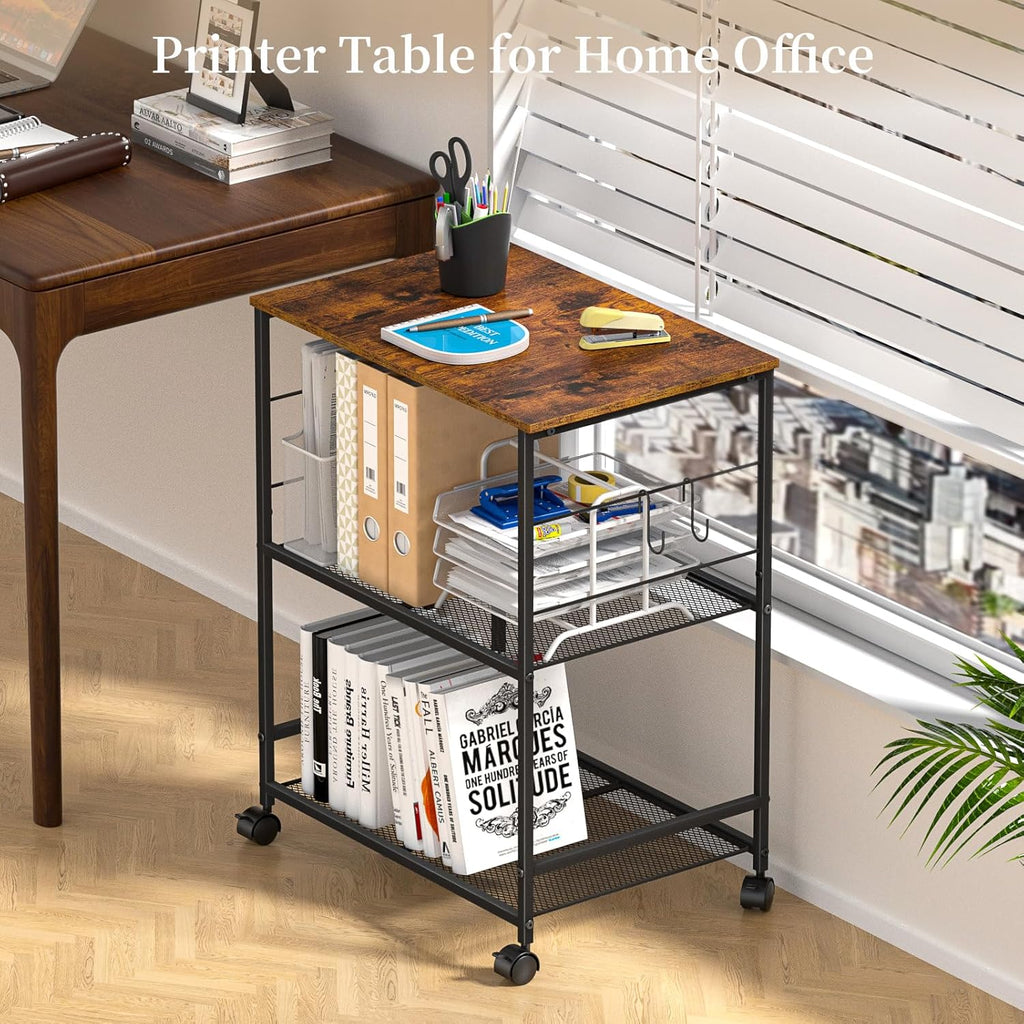 ThreeHio Printer Stand, 3Tier Printer Table with Wheels, Printer Cart with Storage Shelf, Printer Desk for Home Office Fax Machine Scanner, Rolling Cart for Kitchen, Laundry, Balcony, Living Room