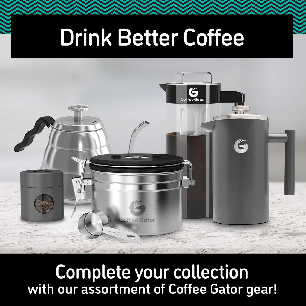 Coffee Gator Stainless Steel Canister - Medium 16oz, Gray Coffee Grounds and Beans Container with Date-Tracker, CO2-Release Valve, and Measuring Scoop - Ideal Coffee Lovers Gifts