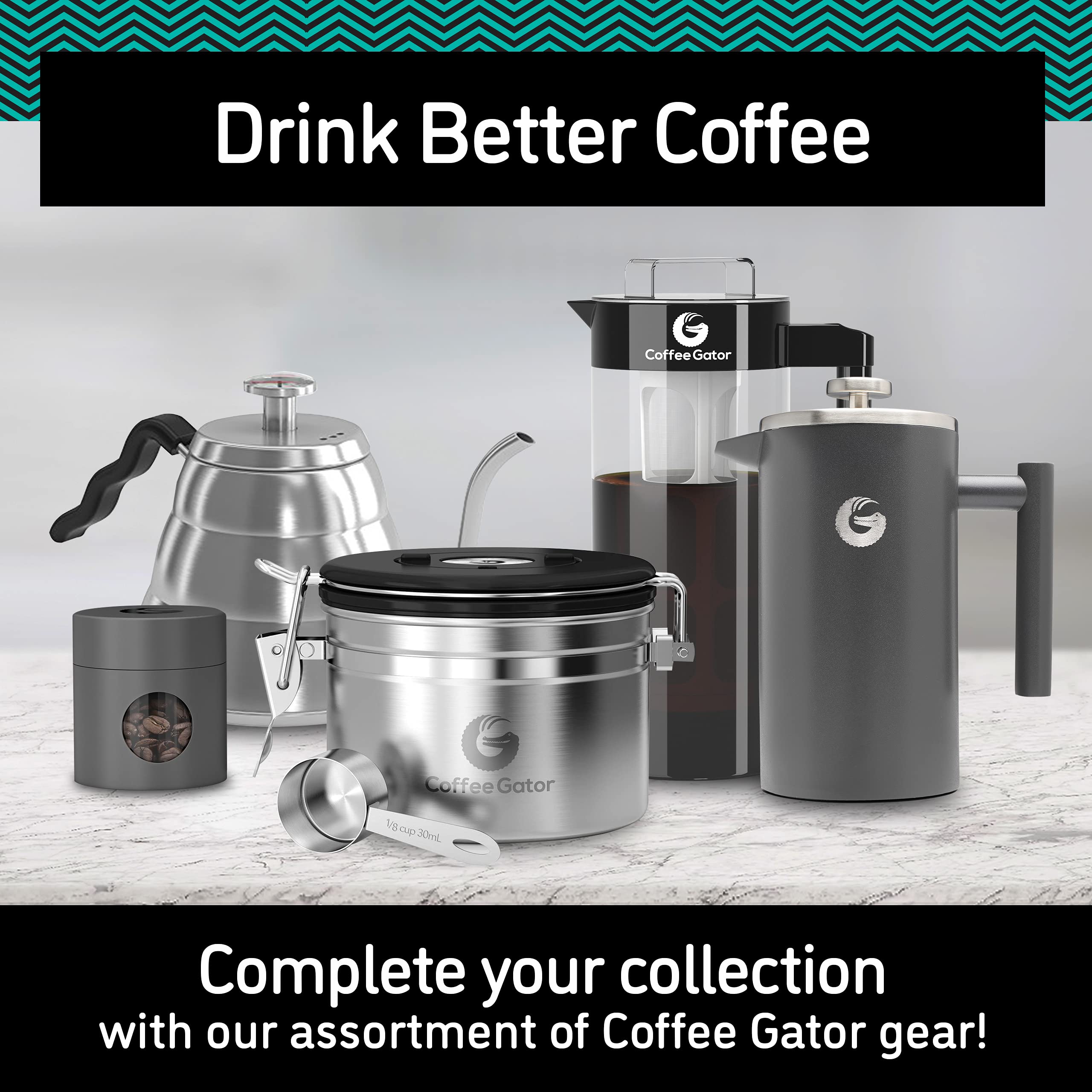 Coffee Gator Stainless Steel Canister - Medium 16oz, Gray Coffee Grounds and Beans Container with Date-Tracker, CO2-Release Valve, and Measuring Scoop - Ideal Coffee Lovers Gifts