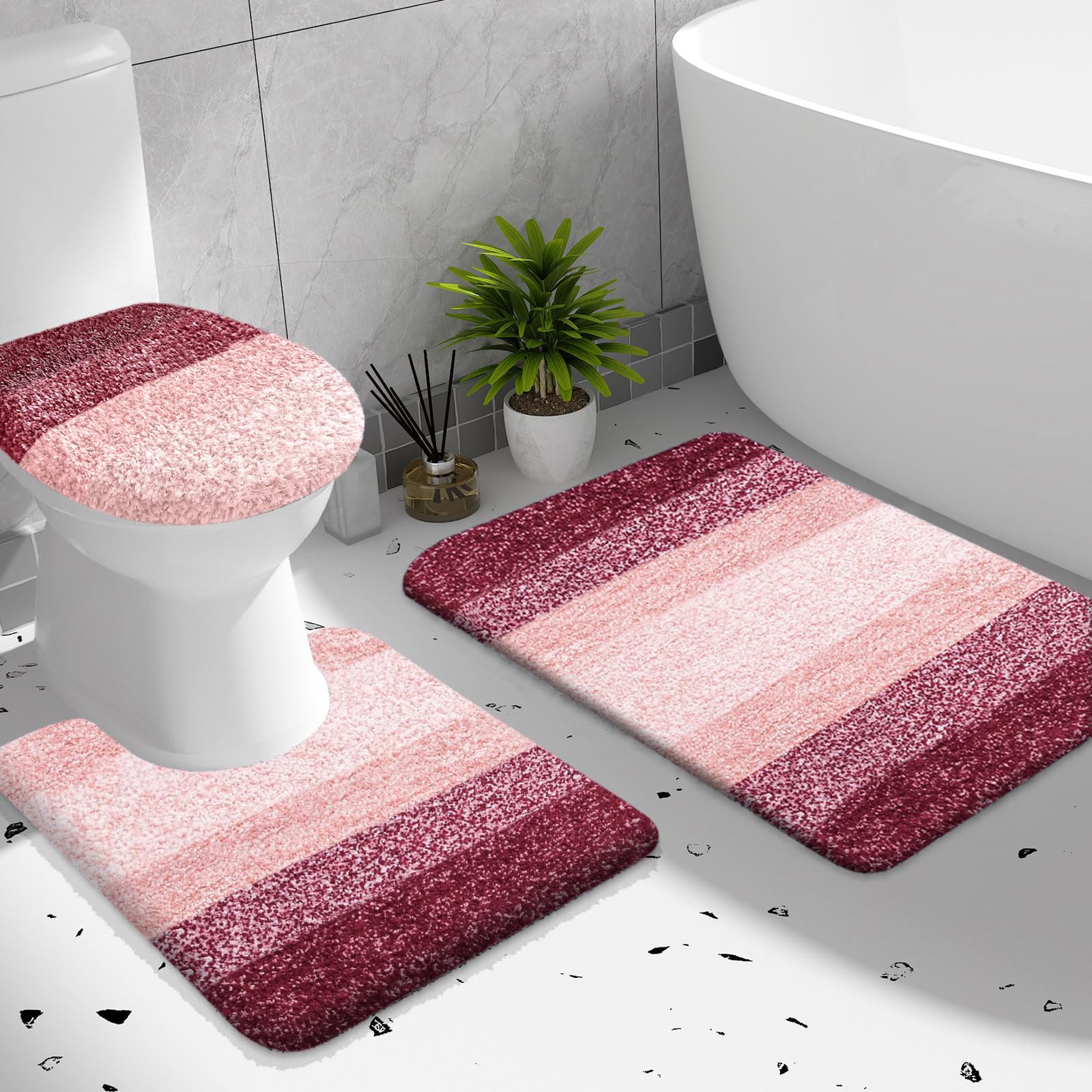 OLANLY Bathroom Rugs Sets 3 piece, Soft Microfiber Absorbent Bath Mat, U-Shaped Contour Toilet Mat and Toilet Lid Cover, Quick Dry, Machine Washable, Toilet Cover and Rug Set for Bathroom, Grey