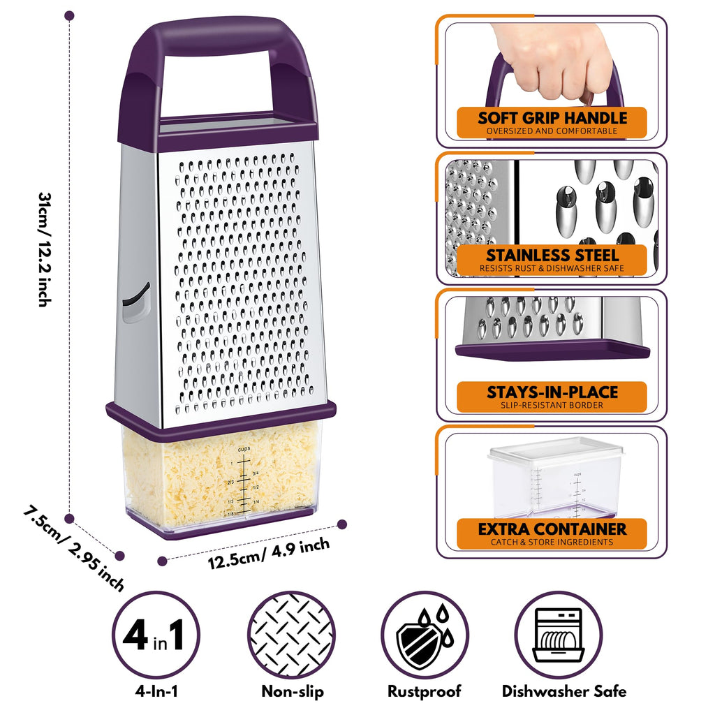 Urbanstrive Cheese Grater With Container Box Grater Stainless Steel Graters for Kitchen Cheese Shredder Parmesan Shredder Kitchen Gadgets Kitchen Tools Kitchen Gifts for Chef Dishwasher Safe Zester