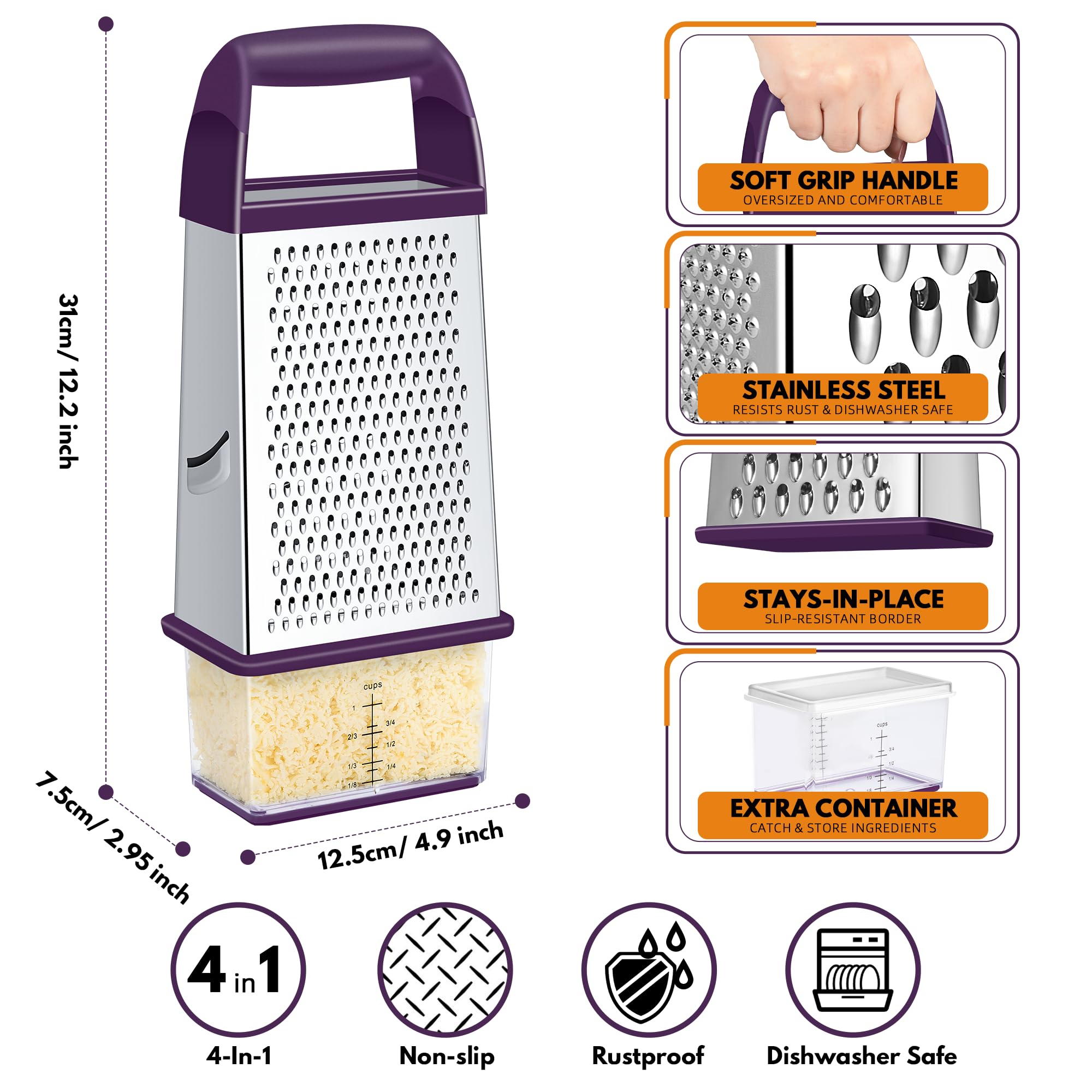 Urbanstrive Cheese Grater With Container Box Grater Stainless Steel Graters for Kitchen Cheese Shredder Parmesan Shredder Kitchen Gadgets Kitchen Tools Kitchen Gifts for Chef Dishwasher Safe Zester