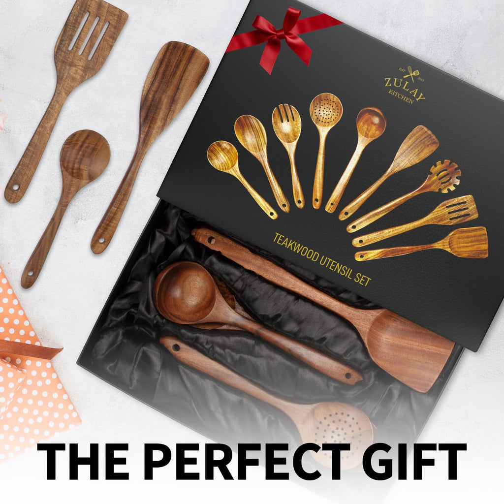 Zulay Kitchen 6 Piece Wooden Spoons for Cooking – Natural Teak Wooden Utensil Set, Easy to Clean, Durable, Smooth with Comfort Grip - Non Toxic Wooden Cooking Utensil Sets