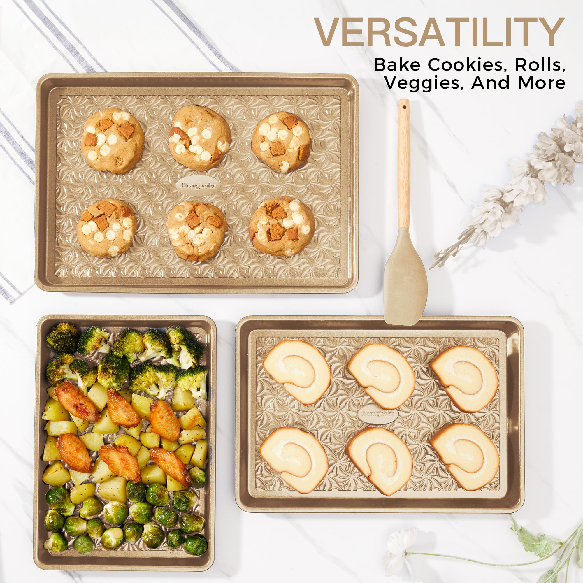HONGBAKE Nonstick Baking Sheet Pan Set of 3, Cookie Sheets for Oven, Non-Toxic Half/Quarter/Jelly Roll Pans with Floral Swirl Texture, Heavy Duty 0.8mm Thick Oven Trays for Cooking, Dark Gray