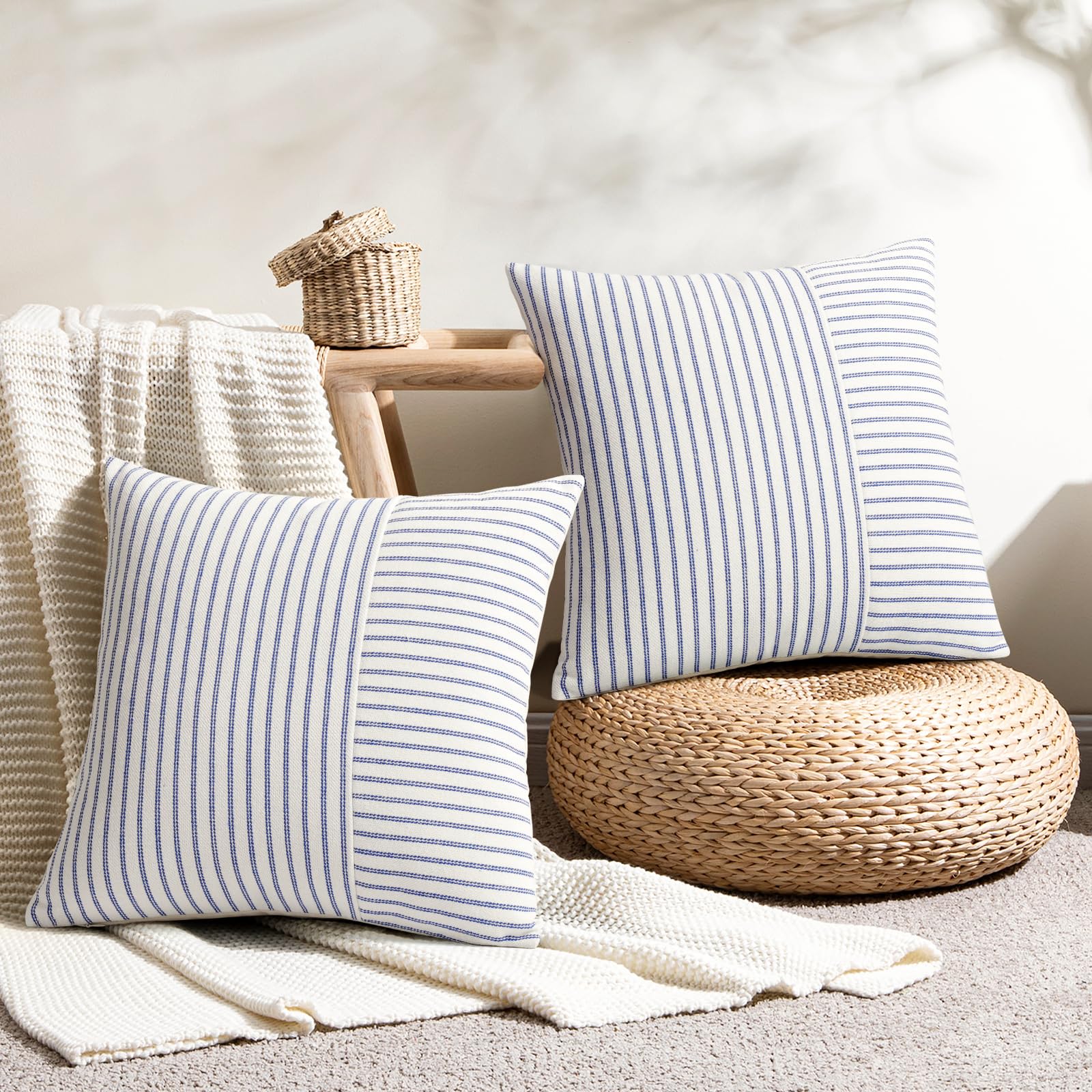 YCOLL Farmhouse Pillow Covers 18x18, Modern Accent Square Throw Pillow Covers Set of 2, Gray and Beige Striped Patchwork Linen Decorative Pillows Cushion Covers for Couch Chair Bedroom Home Decor