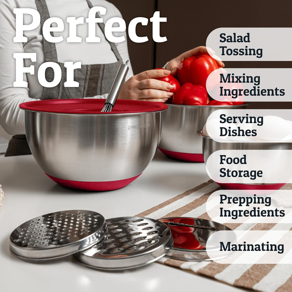 Priority Chef Stainless Steel Mixing Bowls with Lids Set, 3 Grater Attachments, Airtight Lids, Non-Slip Silicone Base Mixing Bowl Set, Large Prep Metal Mixing Bowls for Kitchen, Black