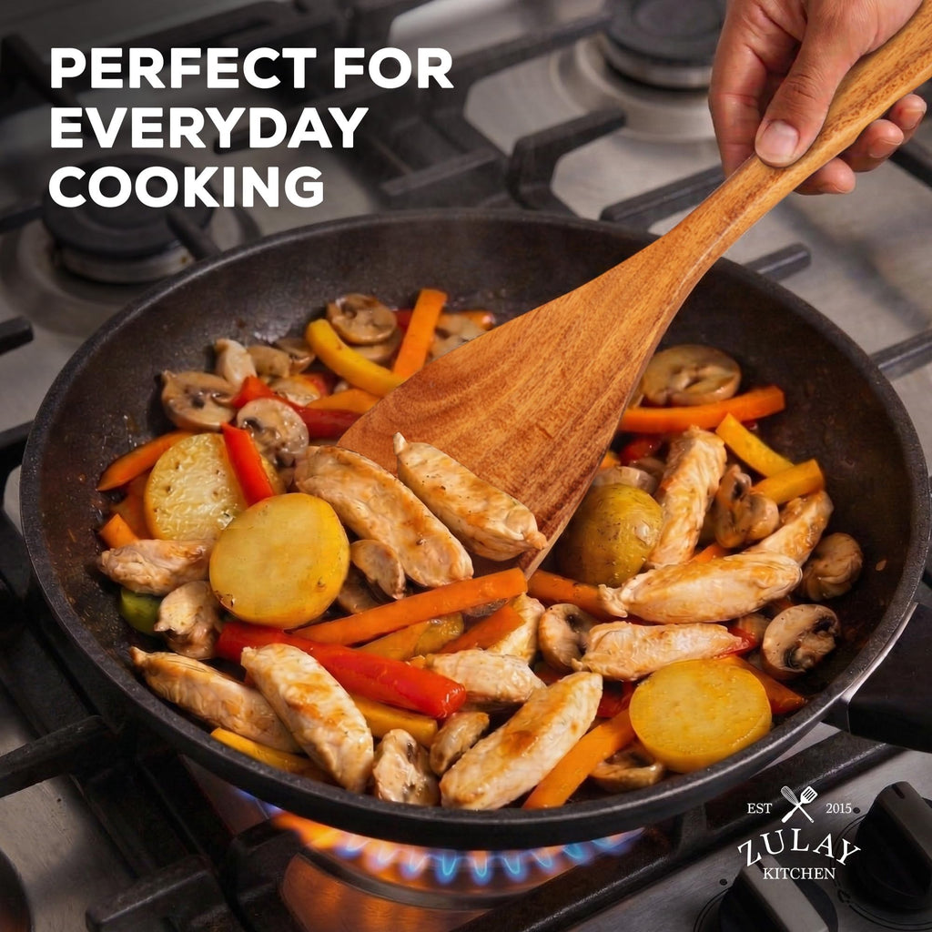 Zulay Kitchen 6 Piece Wooden Spoons for Cooking – Natural Teak Wooden Utensil Set, Easy to Clean, Durable, Smooth with Comfort Grip - Non Toxic Wooden Cooking Utensil Sets
