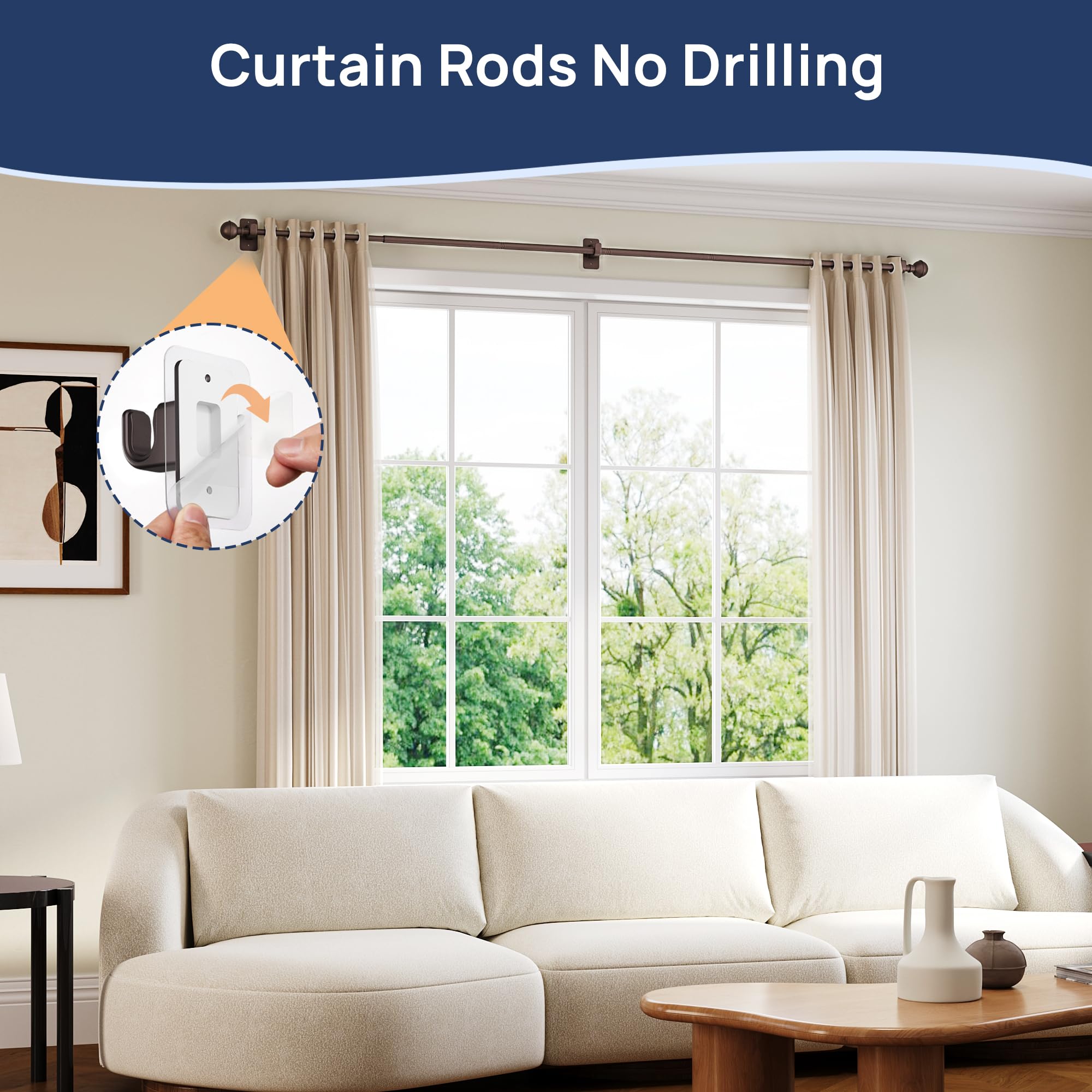 ENJOYBASICS No Drill Curtain Rods for Window 28 to 47 Inches, 5/8 Inch Diameter Renter Friendly Drapery Rod with Adhesive Brackets without Drilling, Adjustable from 27 to 52 Inches, Black