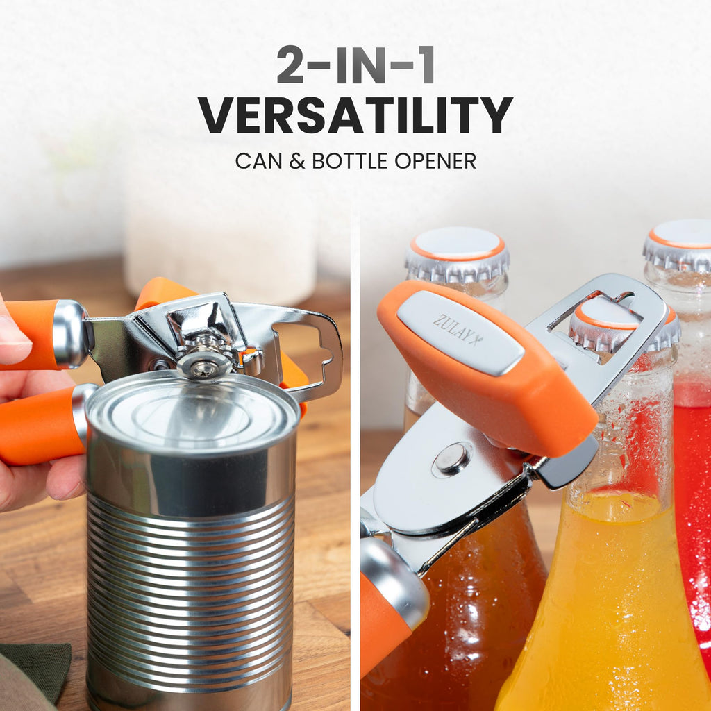 Zulay Kitchen COMFY™ Can Opener Manual with Bottle Opener - Rust Proof Stainless Steel Manual Can Opener With Turn Knob & Comfy Soft Grip Handles - Black
