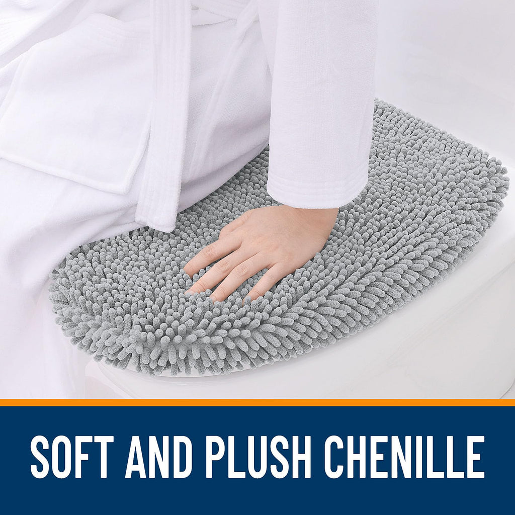 OLANLY Soft Chenille Bathroom Toilet Lid Cover, Machine Washable Seat Covers, 17.5x15, Stays in Place Rubber Backing, Fits Most Round, Elongated and Oblong Lids, Accessories Decor, Gray
