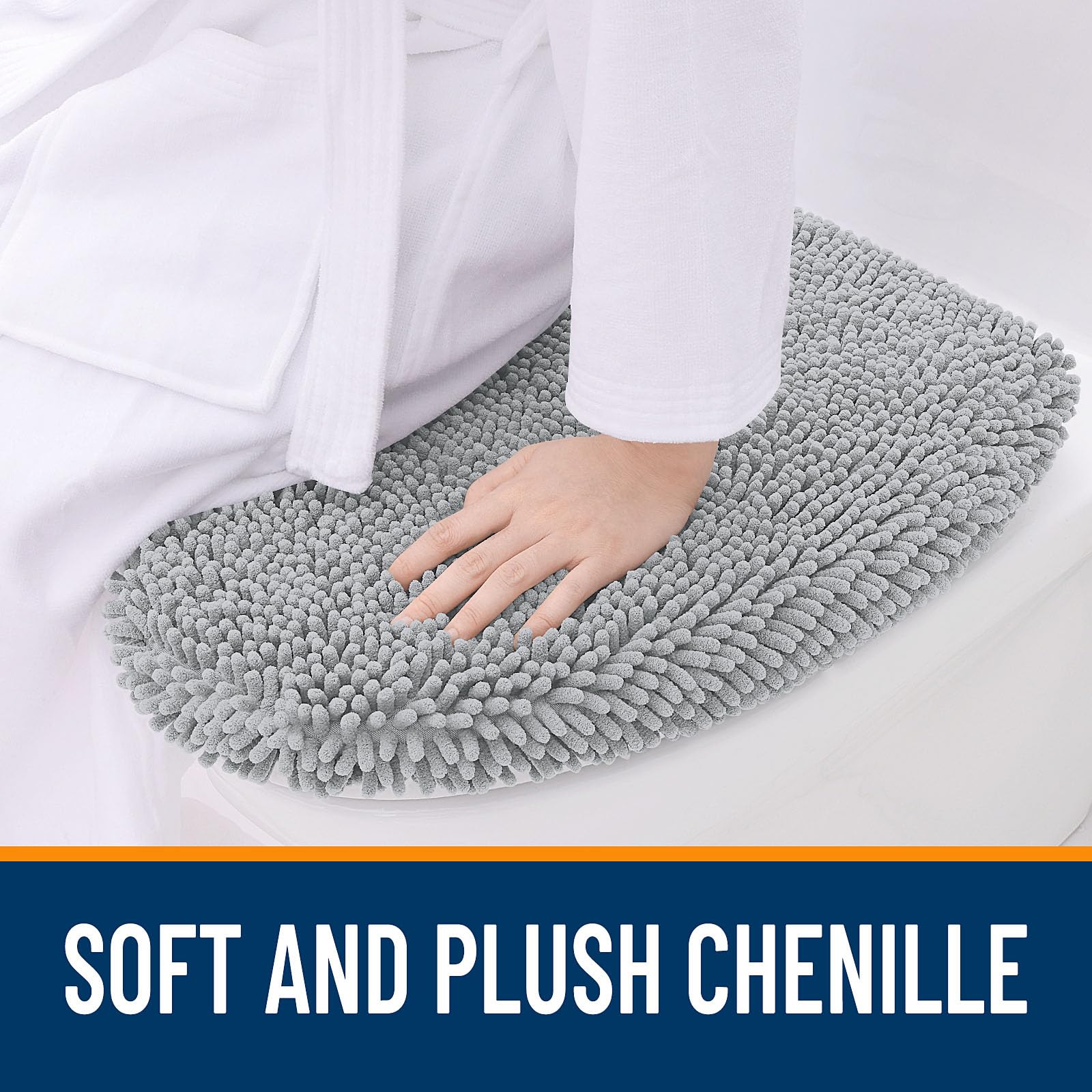 OLANLY Soft Chenille Bathroom Toilet Lid Cover, Machine Washable Seat Covers, 17.5x15, Stays in Place Rubber Backing, Fits Most Round, Elongated and Oblong Lids, Accessories Decor, Gray