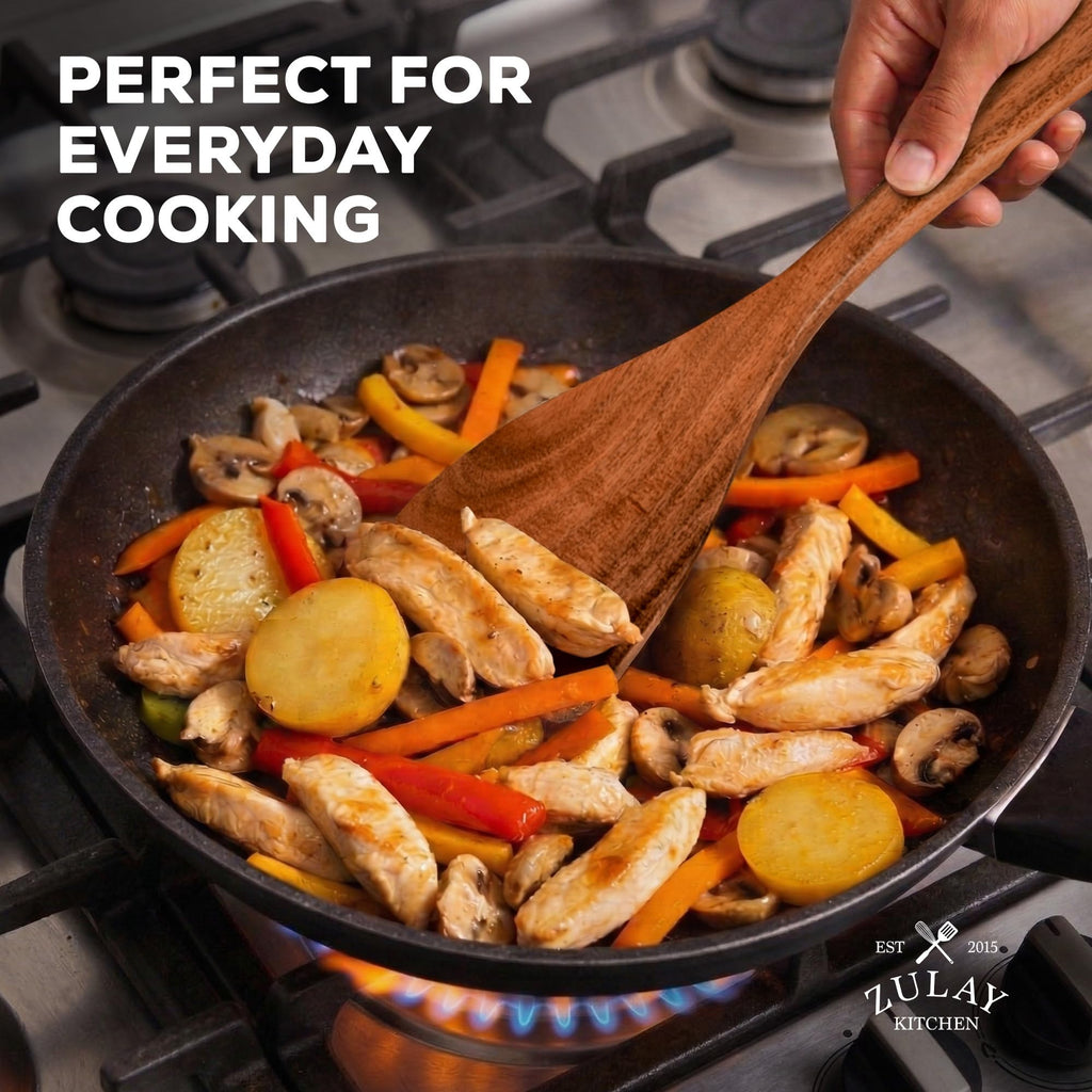 Zulay Kitchen 6 Piece Wooden Spoons for Cooking – Natural Teak Wooden Utensil Set, Easy to Clean, Durable, Smooth with Comfort Grip - Non Toxic Wooden Cooking Utensil Sets