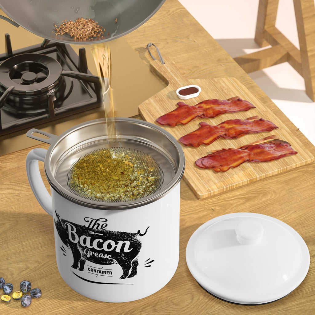 PGYARD Mini Bacon Grease Container With Strainer - 15OZ Enamel Grease Saver, Farmhouse Bacon Grease Keeper For Kitchen Fat Storage, Dishwasher Safe-Red
