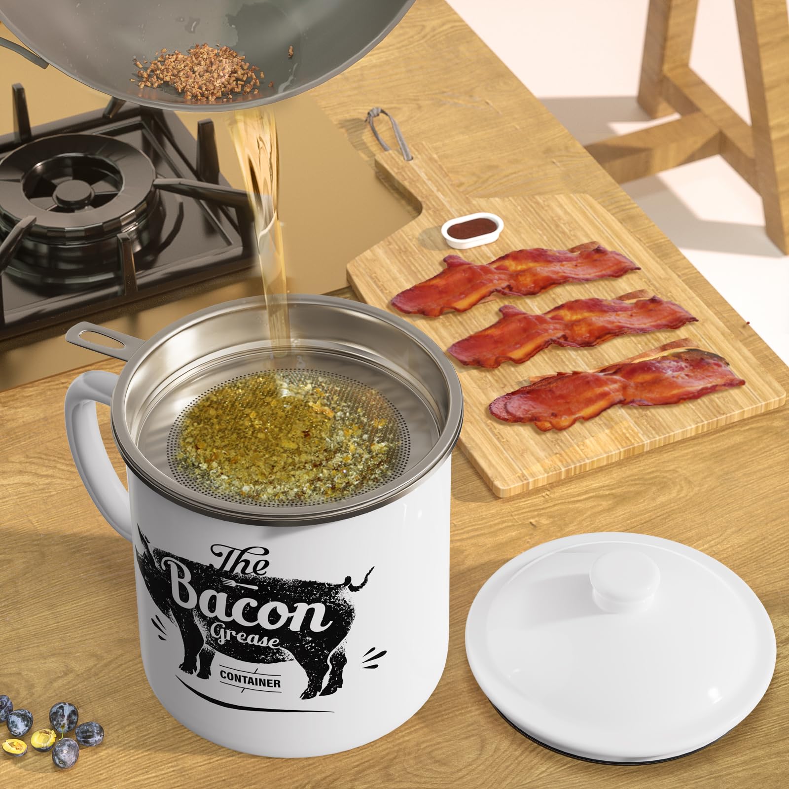 PGYARD Mini Bacon Grease Container With Strainer - 15OZ Enamel Grease Saver, Farmhouse Bacon Grease Keeper For Kitchen Fat Storage, Dishwasher Safe-Red