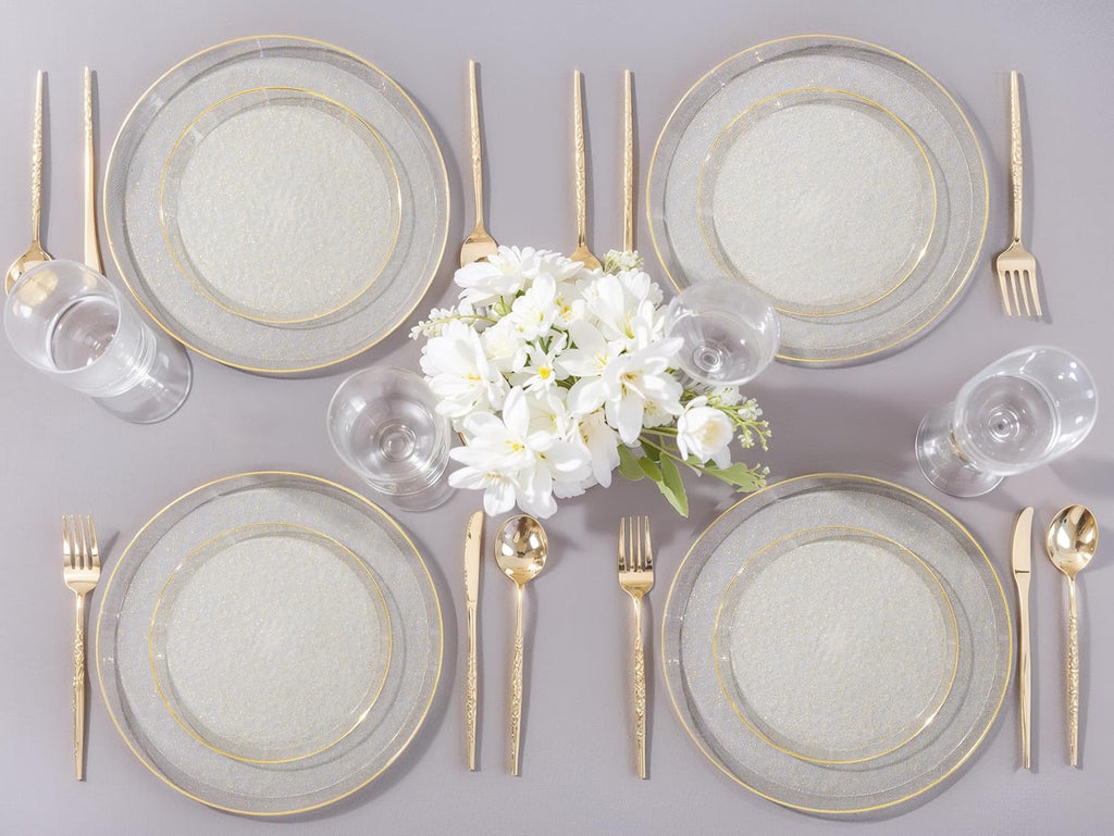 DaYammi 60PCS Gold Plastic Plates- Gold Disposable Platos,gold Party plate Include:30 Glitter plastic Dinner plates 30 Dessert Plate for Party,Plastic Plates for Party & Wedding