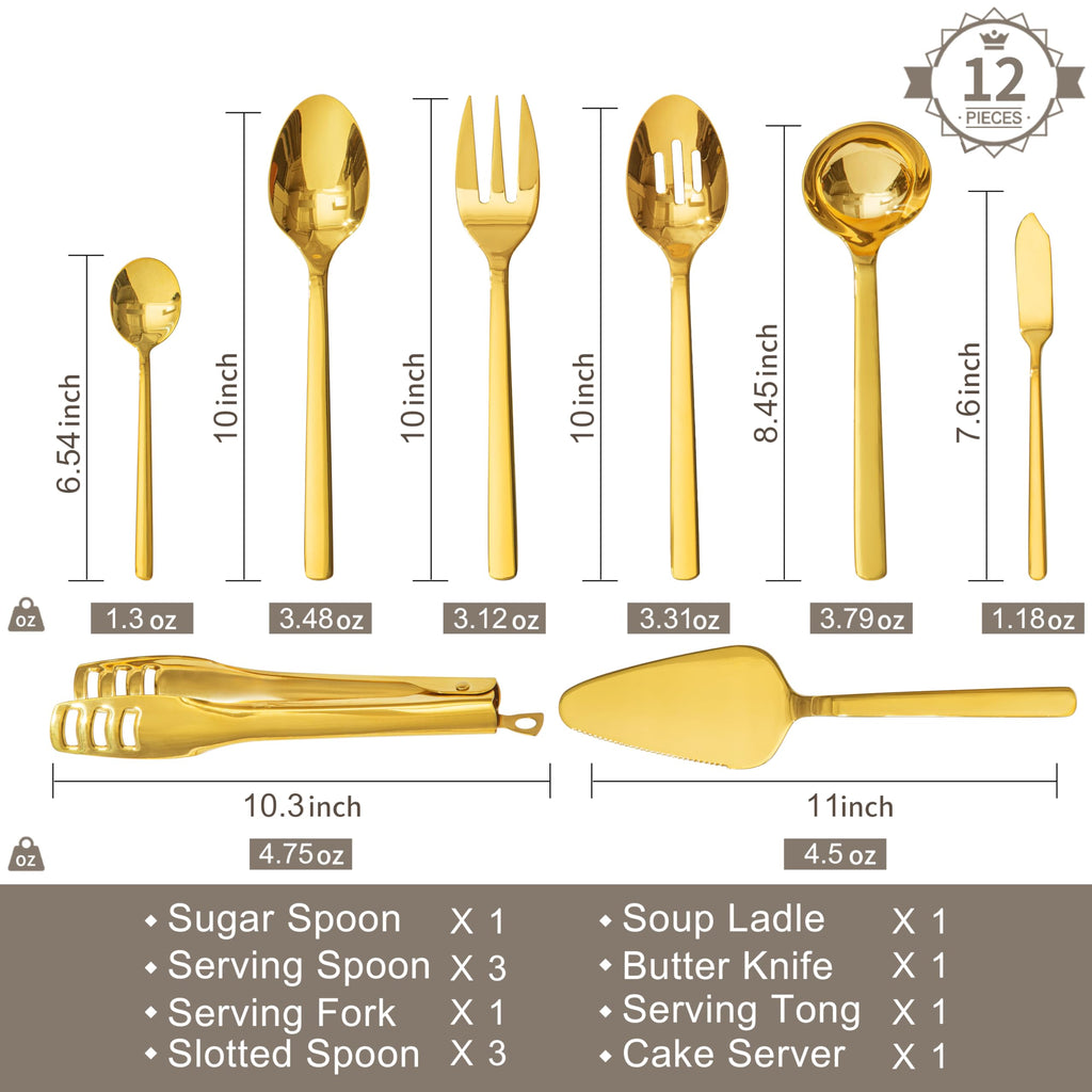 KINGSTONE Large Hostess Serving Utensils Set, 18/10 Stainless Steel Heavy Duty 10-inch Serving Utensils, Slotted Spoons, Forks, Tongs, Cake Pie Server for Buffet, Wedding, Party
