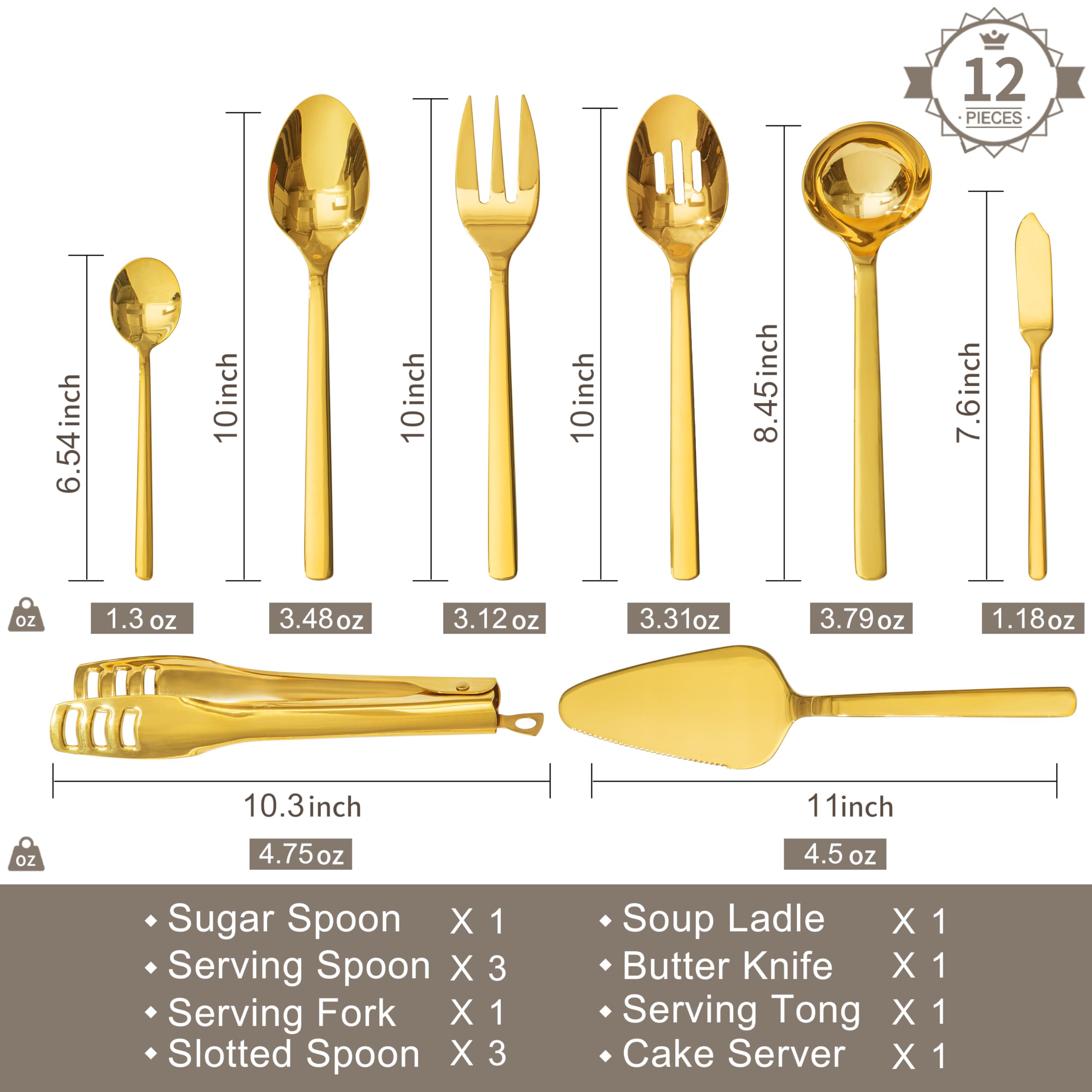 KINGSTONE Large Hostess Serving Utensils Set, 18/10 Stainless Steel Heavy Duty 10-inch Serving Utensils, Slotted Spoons, Forks, Tongs, Cake Pie Server for Buffet, Wedding, Party
