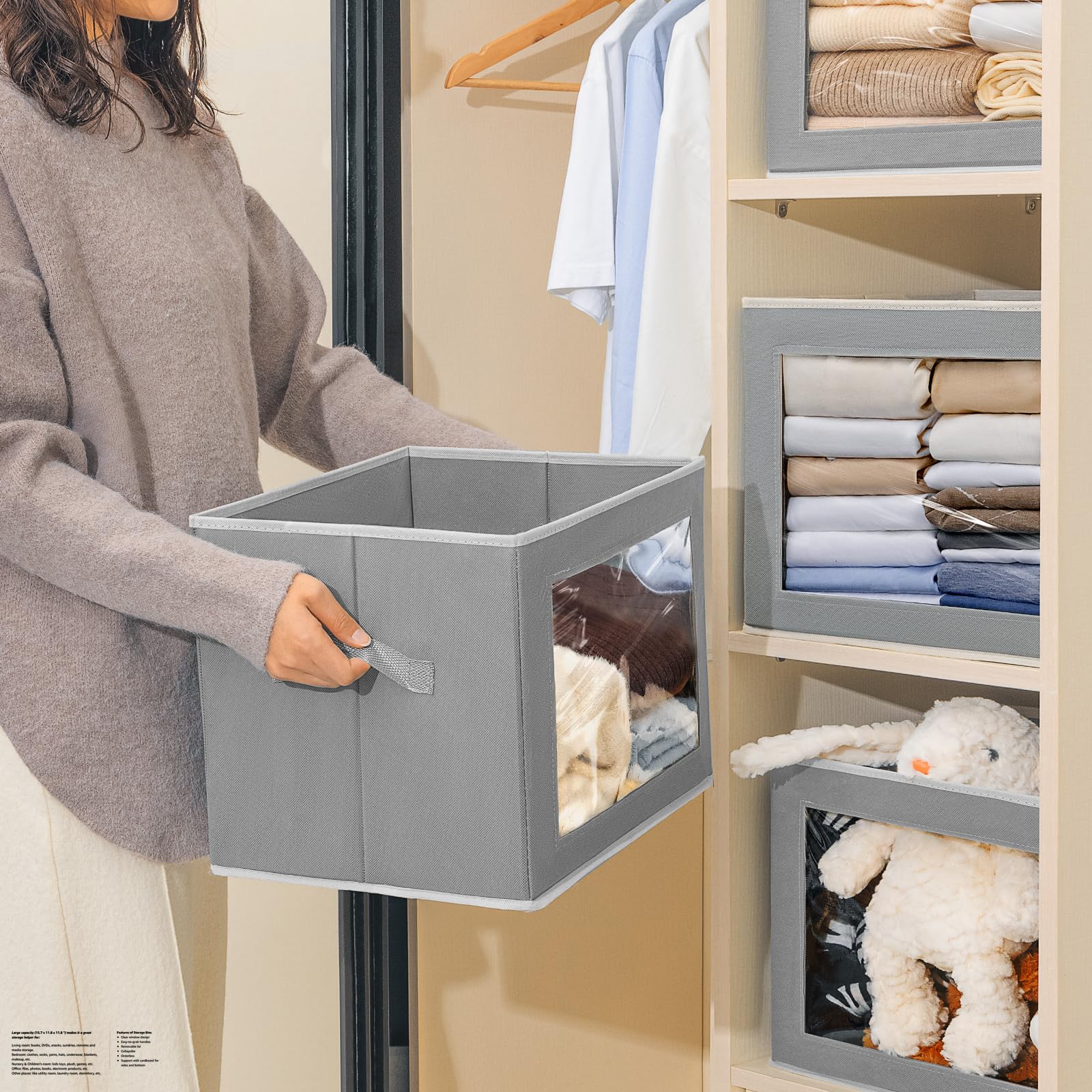 Homsorout Storage Bins with Lids - Fabric Storage Boxe with Window, Collapsible Closet Organizers with Handles, 3 Pack Decorative Bin, Home Cubes Baskets for Clothes, Hat, Books, Dark Grey