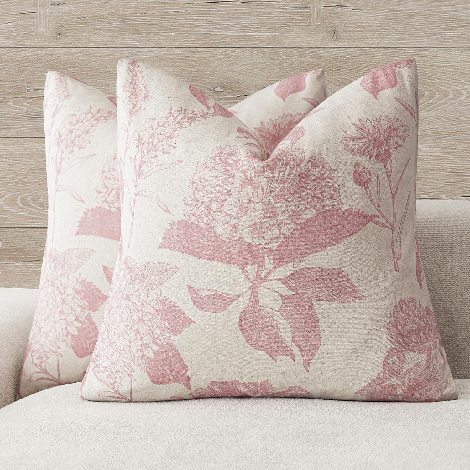 Foindtower Set of 2 Linen Floral Vintage Throw Pillow Covers Neutral Accent Print Decorative Cushion Covers Farmhouse Boho Home Decor for Sofa Chair Couch Bedroom Living Room,18×18 Inch,Blue