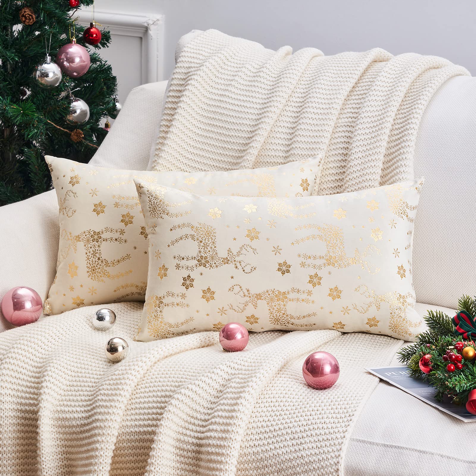 Topfinel Christmas Pillow Covers 18x18 Set of 2,Xmas Cream Velvet Snowflake Reindeer Decorative Pillow Case Winter Holiday Decor for Home Couch,White and Gold