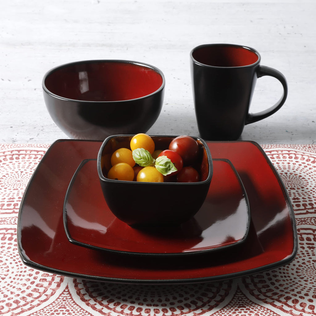 Gibson Elite Soho Lounge Square 16-Piece Dinnerware Set, Service for 4, Reactive Glaze Stoneware Plates and Bowls, Modern Dishes, Microwave & Dishwasher Safe – Red and Black