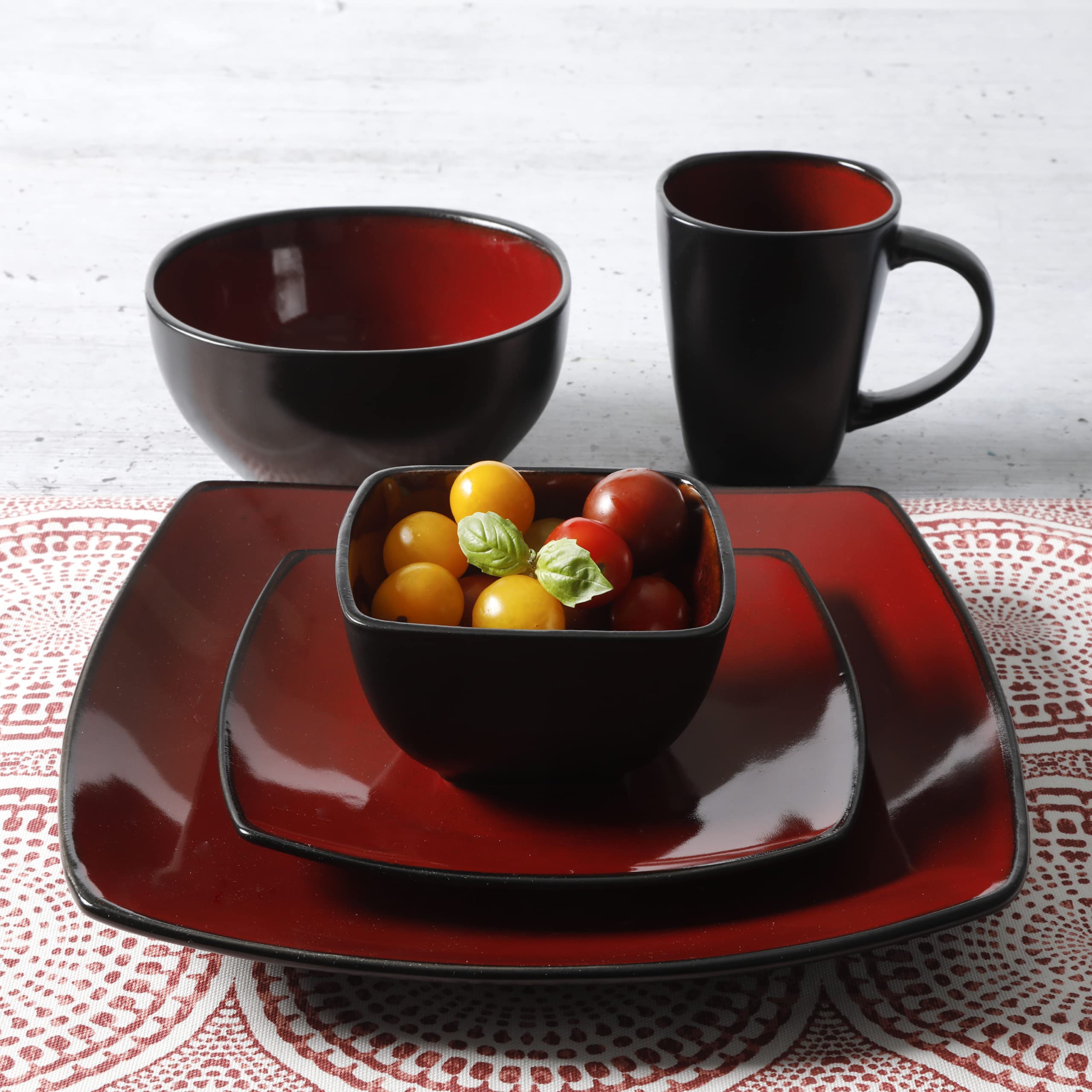 Gibson Elite Soho Lounge Square 16-Piece Dinnerware Set, Service for 4, Reactive Glaze Stoneware Plates and Bowls, Modern Dishes, Microwave & Dishwasher Safe – Red and Black