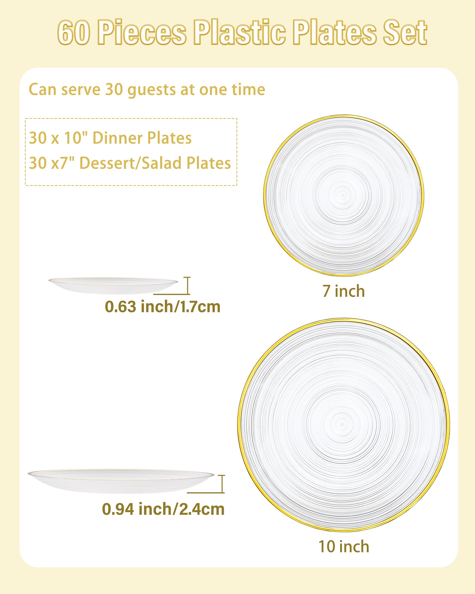 Morejoy 60Pcs Brown Plastic Plates,Brown Disposable Plates With Gold Rim, Gold Party Dinnerware Set Include 30 Dessert plates,30 Dinner plates for Party & Wedding