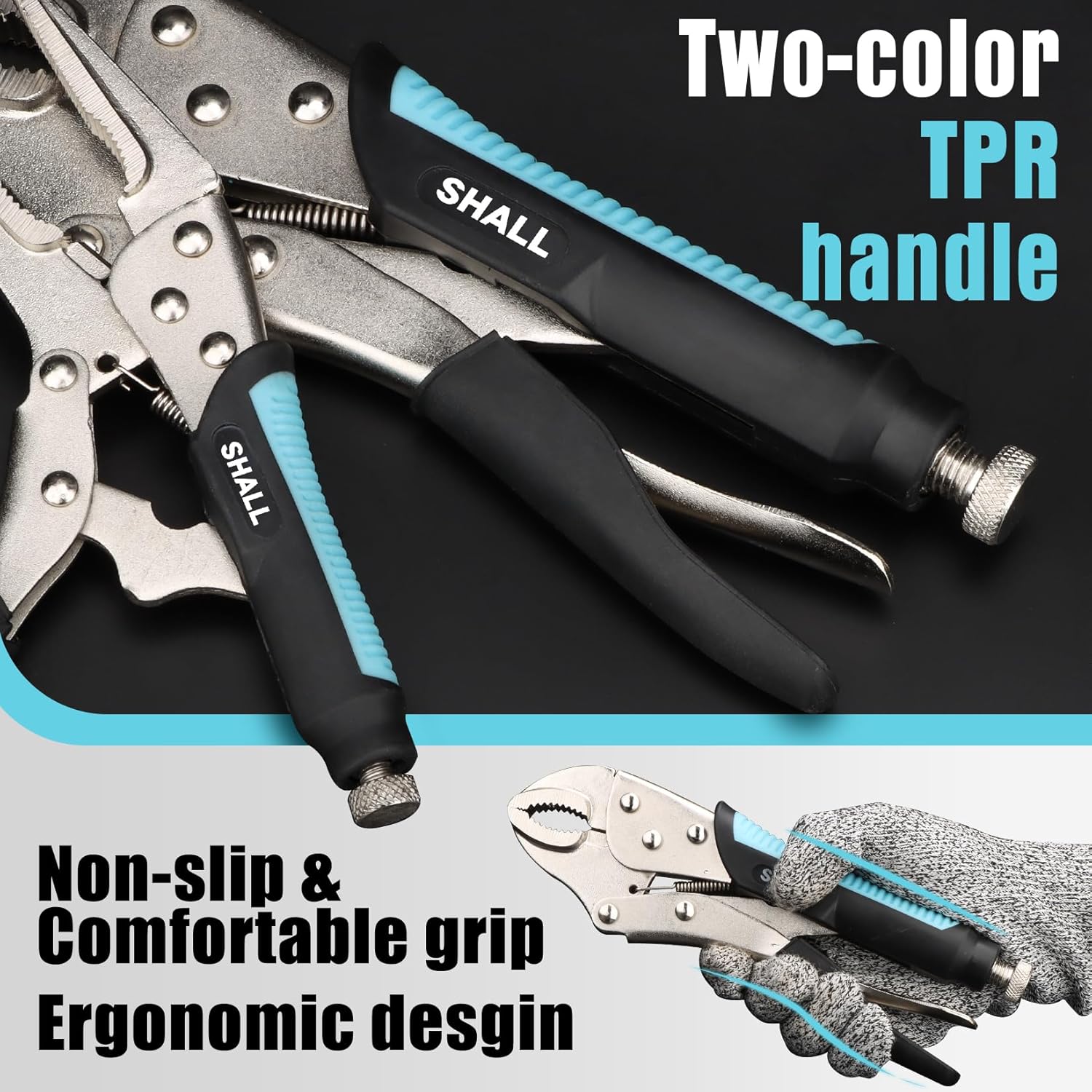 SHALL 6-Piece Locking Pliers, Vice Grips Pliers Set, 5",7" & 10" Curved Jaw Locking Pliers, 6-1/2" & 9-1/2 Long Nose Locking Pliers, 6" Locking C-Clamp, Two-Color TPR Handle, Roll Up Pouch Included