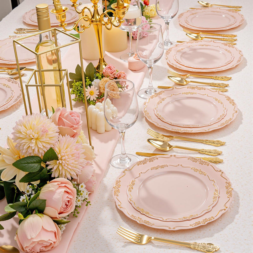 DaYammi 150Pcs Ivory Plastic Plates with Gold Rim,Disposable Plastic Plates Include 30 Dinner Plate,30 Salad Plate,30 Forks,30 Spoons,30 Knives,Ivory and Gold Plates for Party,Wedding,Mother's Day
