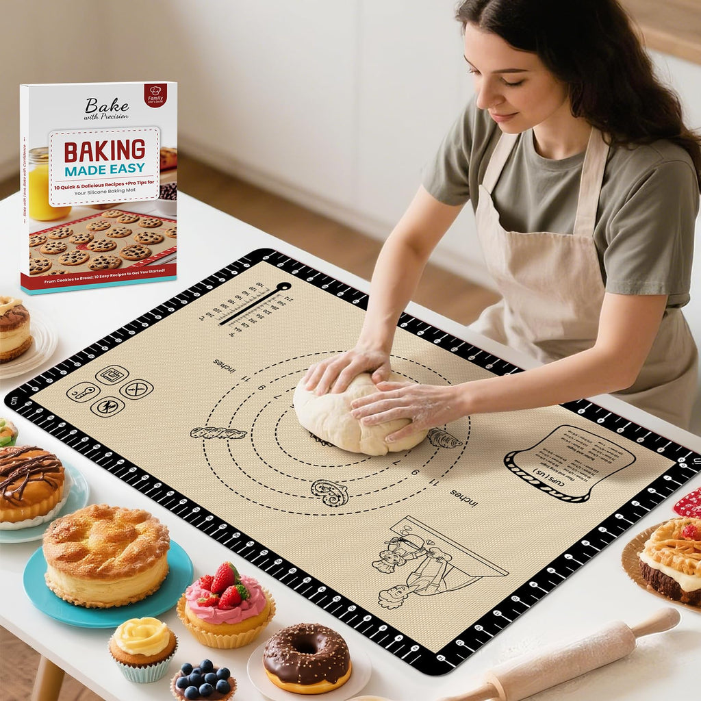 Silicone Baking Mat with Recipes, Extra Thick Silicone Mats for Baking, Non Stick Pastry Mat for Rolling Dough, Silicone Macaron Baking Mat for Cookie,Bread,Pizza,Fondant Mat, Oven&Dishwasher Safe