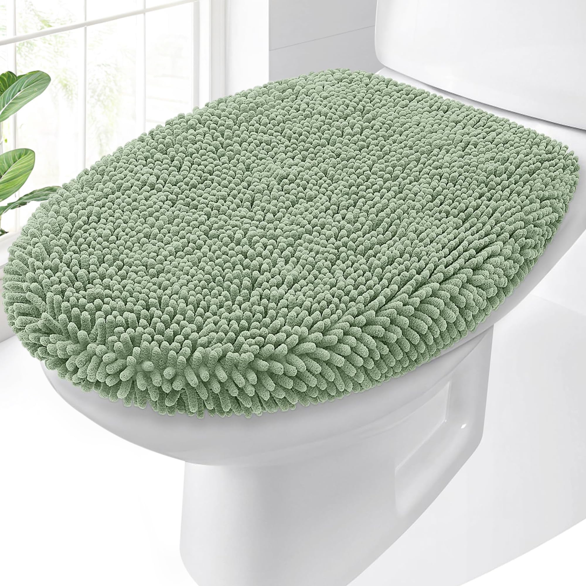 OLANLY Soft Chenille Bathroom Toilet Lid Cover, Machine Washable Seat Covers, 17.5x15, Stays in Place Rubber Backing, Fits Most Round, Elongated and Oblong Lids, Accessories Decor, Gray