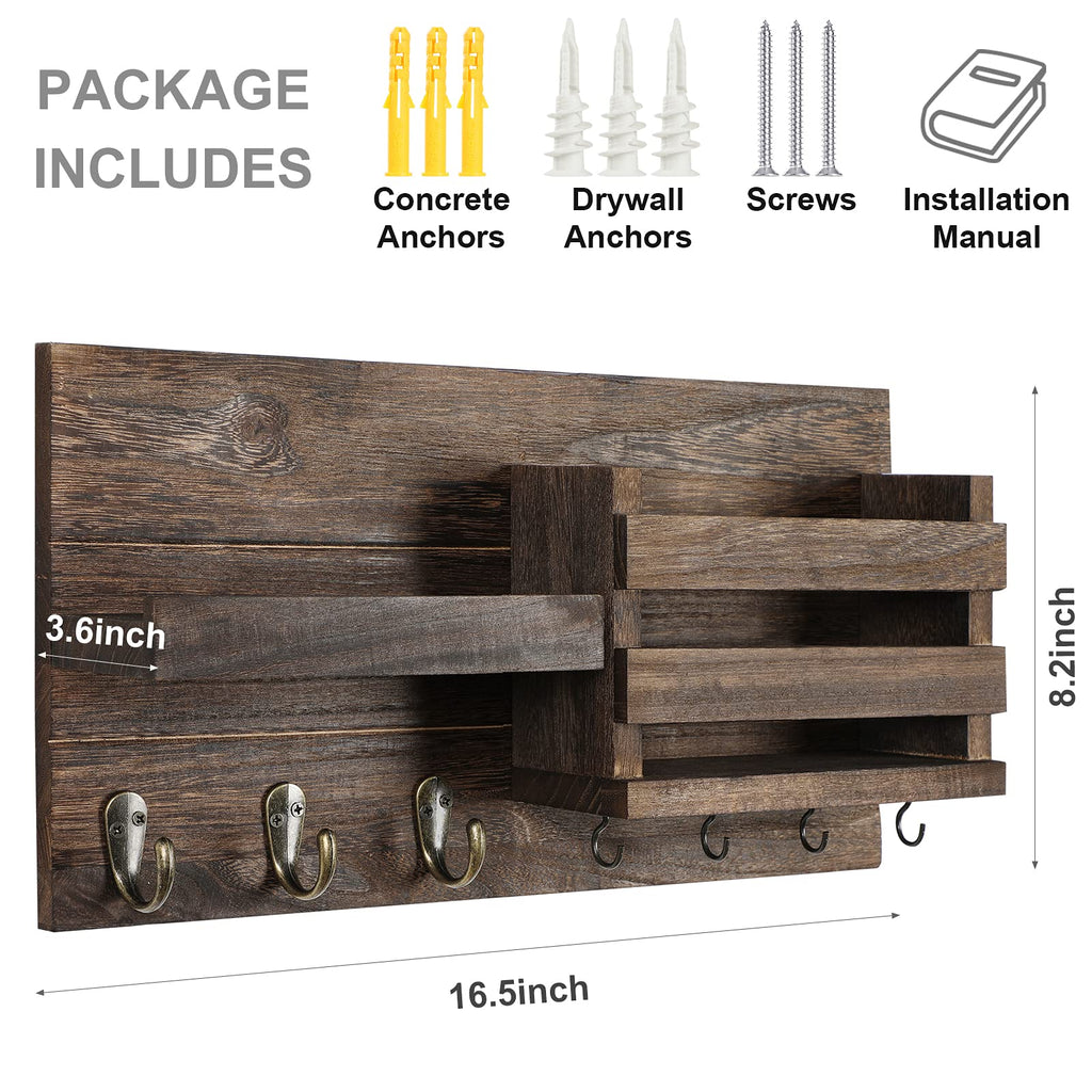 Mail Organizer for Wall Mount – Key Holder with Shelf Includes Letter Holder and Hooks for Coats, Dog Leashes – Rustic Wood with Flush Mounting Hardware (16.5” x 8.7” x 3.5”)
