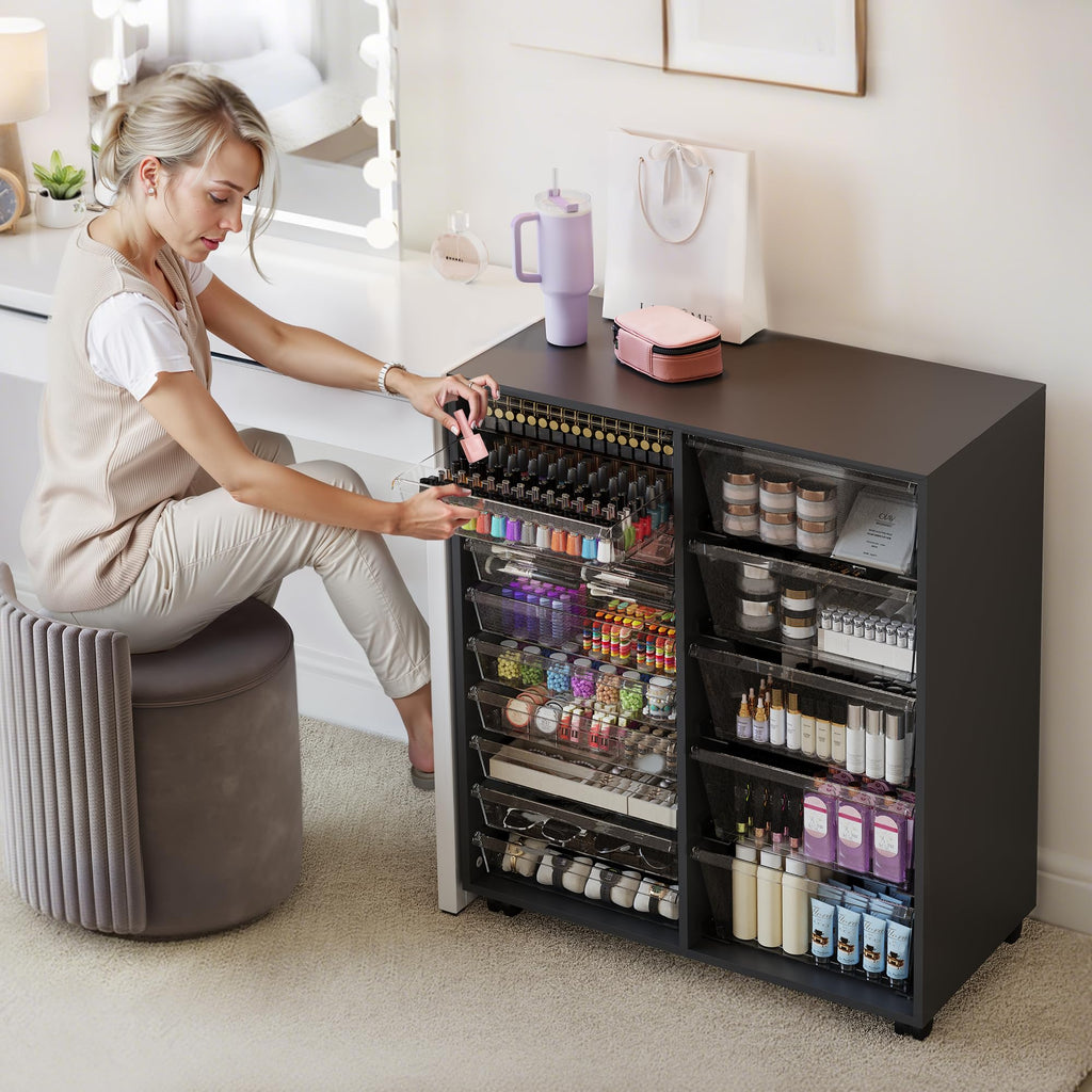 WOPITUES Storage Drawer Cart, Mobile Storage Cabinet, Makeup Storage with 10 Large Clear Drawers, Utility Wooden Rolling Cart on Wheels, for Cosmetic, Art Craft, Office Supplies, Toy, White