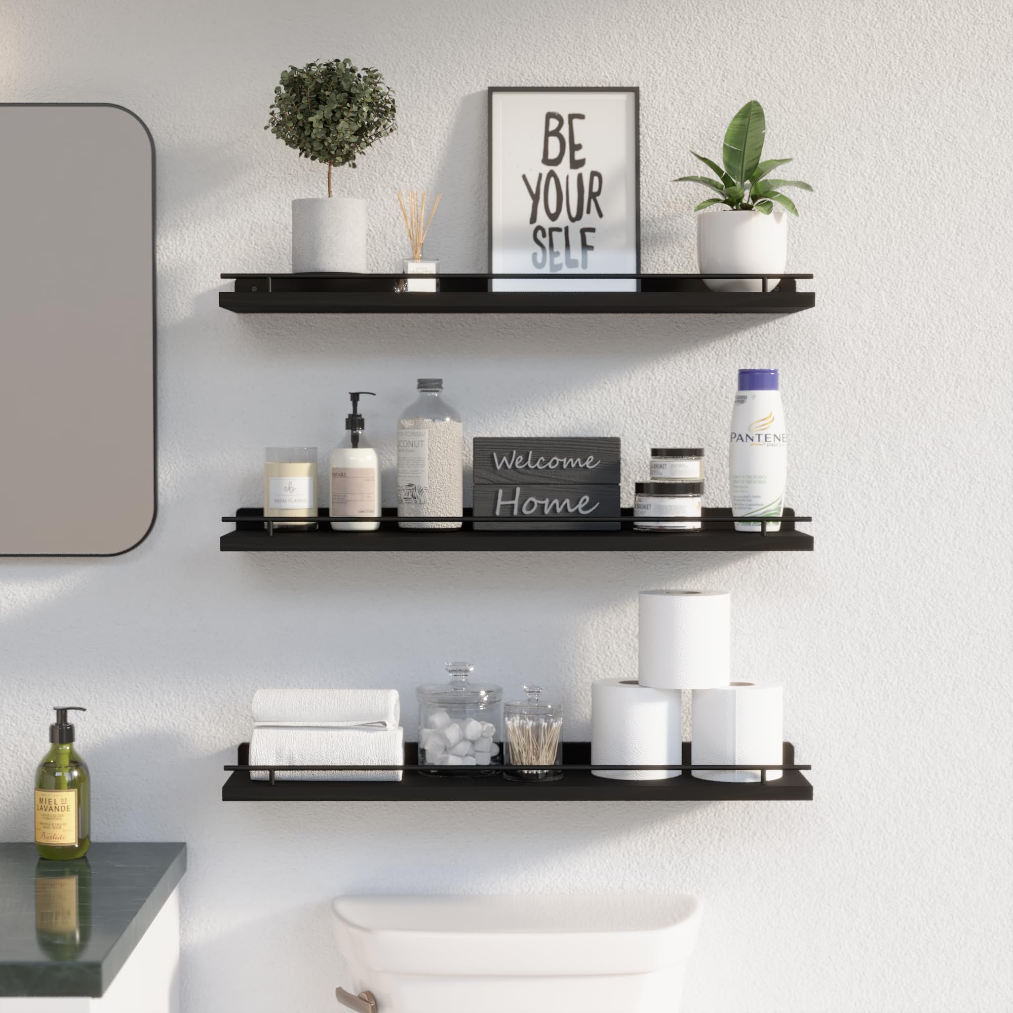 WOPITUES Floating Shelves with Black Metal Guardrail, Shelves for Wall Decor Set of 3, Wall Shelves for Bedroom, Bathroom, Kitchen, Living Room, Plants, Picture Frames, Art- Black
