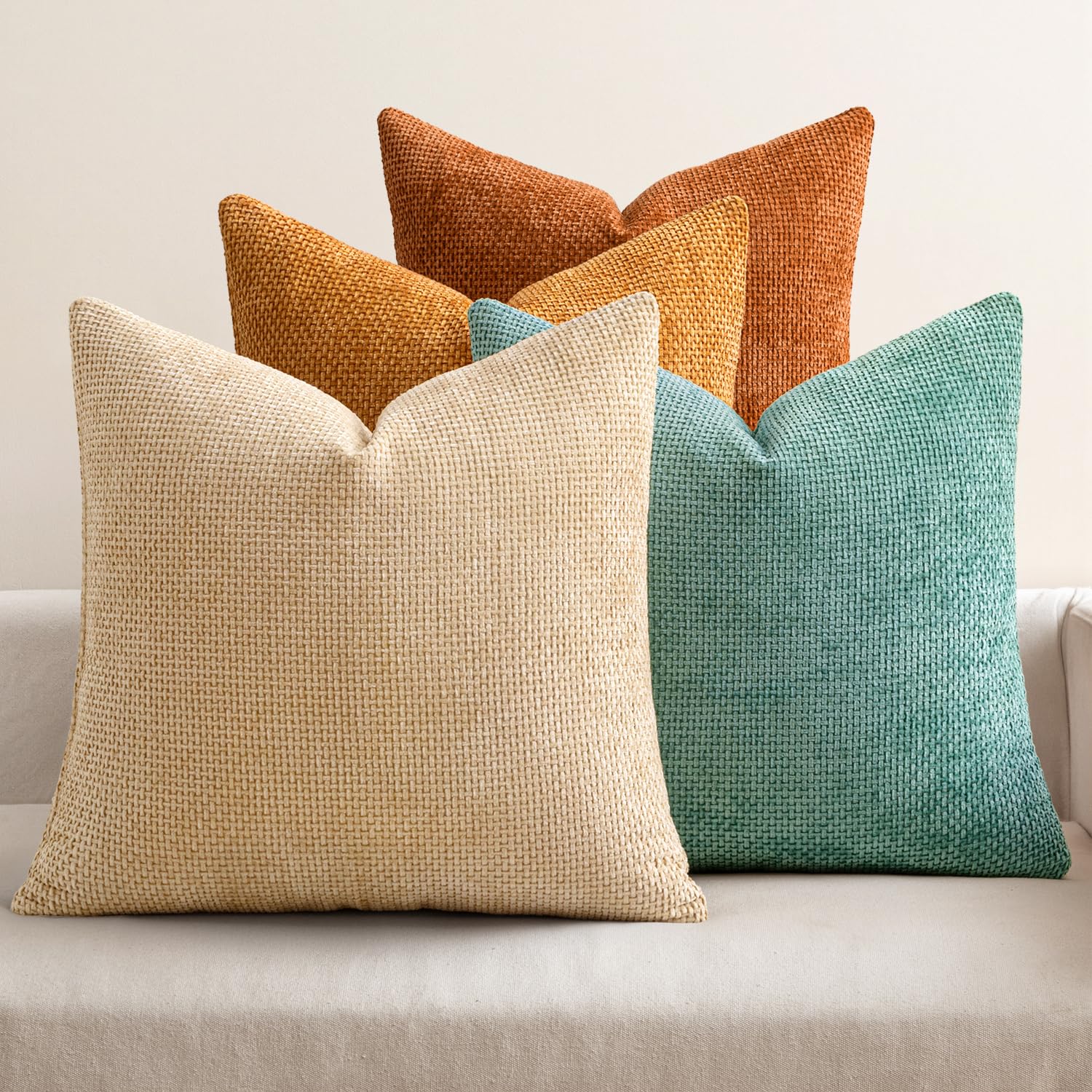 MIULEE Pack of 4 Couch Throw Pillow Covers 18x18 Inch Neutral Blue Soft Decorative Chenille Pillow Covers Farmhouse Accent Cushion Covers for Boho Western Spring Coastal Decor Sofa Bed Living Room