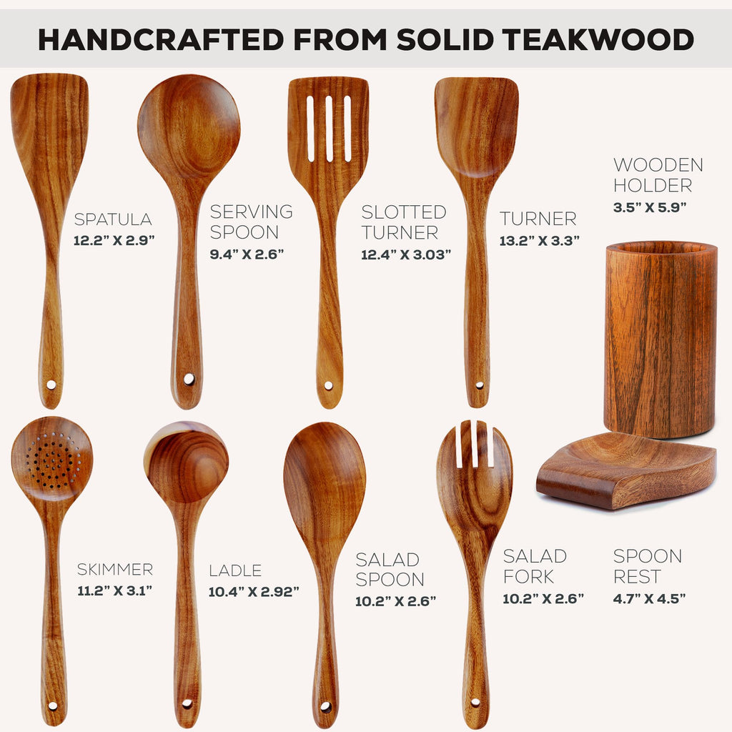 Zulay Kitchen 6 Piece Wooden Spoons for Cooking – Natural Teak Wooden Utensil Set, Easy to Clean, Durable, Smooth with Comfort Grip - Non Toxic Wooden Cooking Utensil Sets