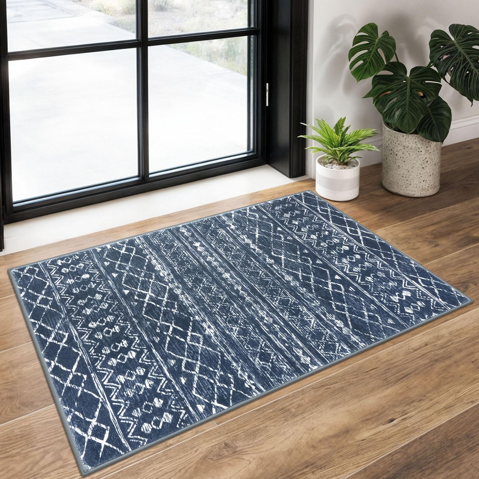 KUTA Washable Non-Slip Rugs for Entryway 2x3, Grey Moroccan Boho Small Area Rug, Ultra Soft Vintage Geometric Low-Pile Indoor Door Mat Floor Carpet for Indoor, Entrance, Kitchen, Bathroom, Bedroom