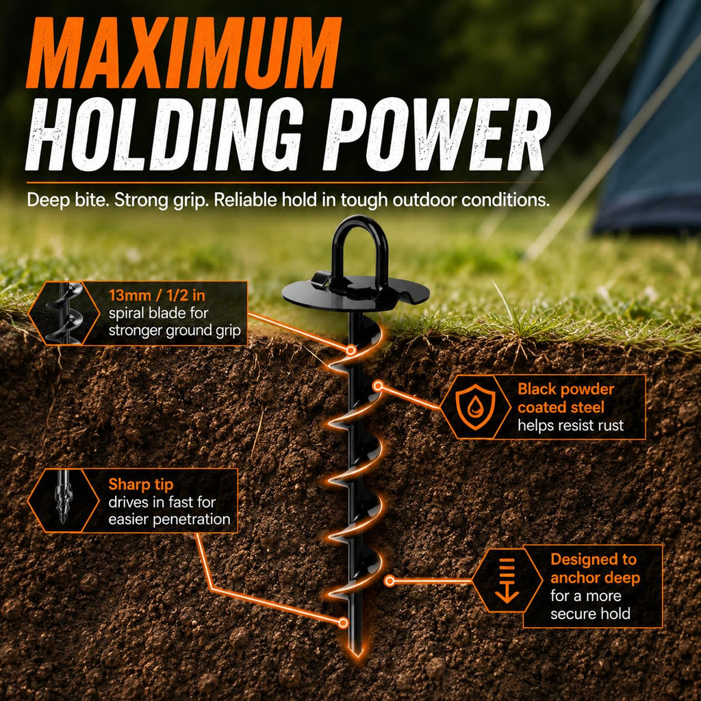Ground Anchors Screw in Heavy Duty - 4 Pack with Power Nut Driver Drill Bit, Spiral Ground Stakes, Swing Set Anchors, Trampoline Tie Down Kit, High Wind Tent Stakes for Canopy, Car Port, RV Awning