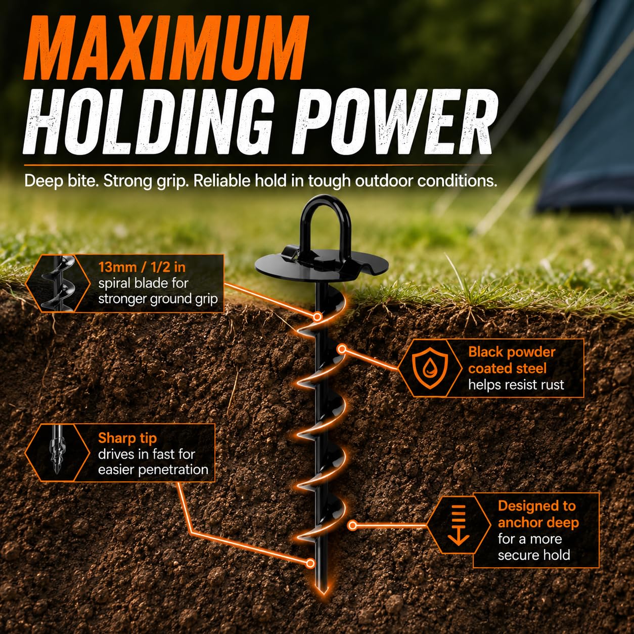 Ground Anchors Screw in Heavy Duty - 4 Pack with Power Nut Driver Drill Bit, Spiral Ground Stakes, Swing Set Anchors, Trampoline Tie Down Kit, High Wind Tent Stakes for Canopy, Car Port, RV Awning