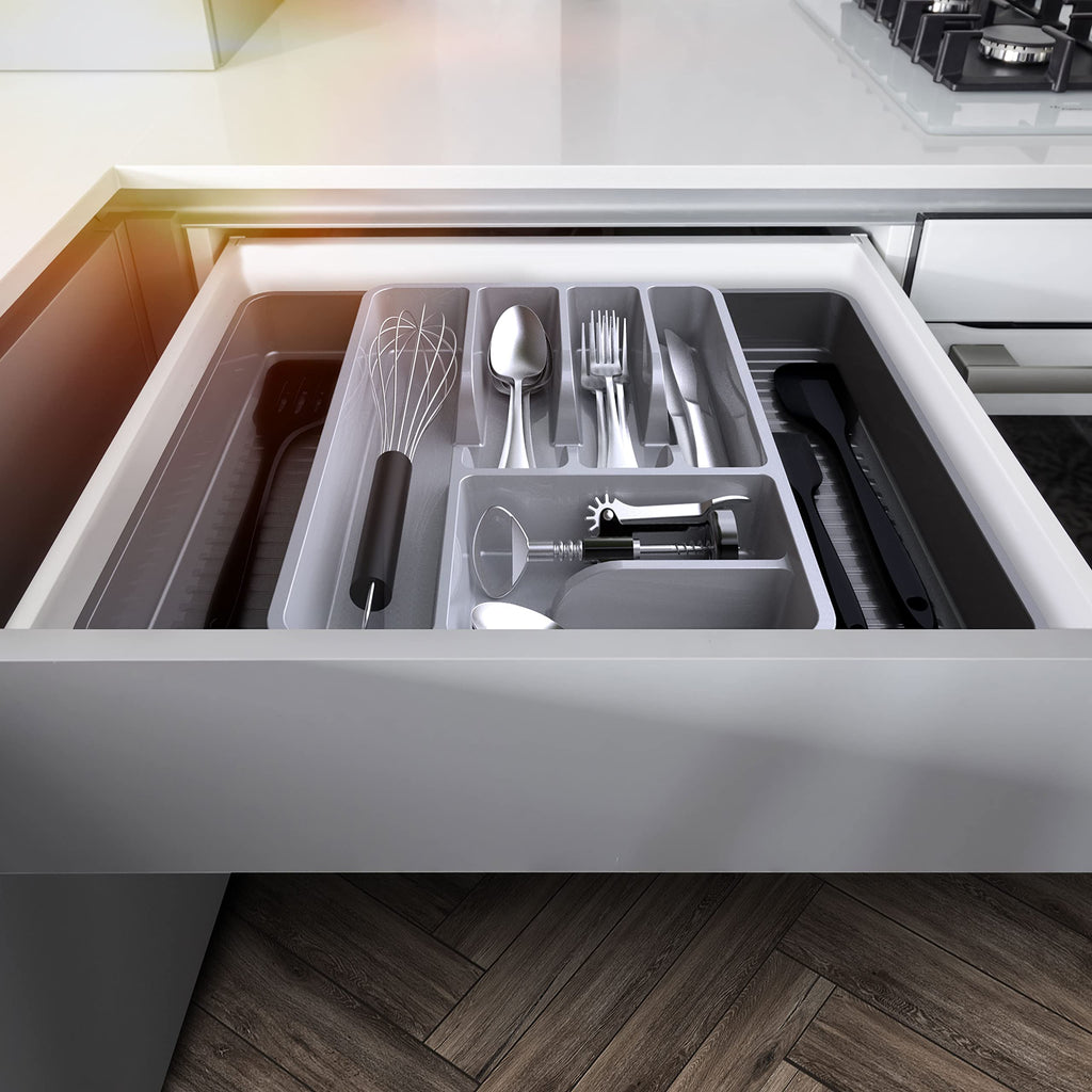 Mueller Large Flatware Kitchen Drawer Organizer, Expandable 19.7" x 15" Silverware Organizer, 6 Compartments, Heavy-Duty, Cutlery Tray for Utensils or Stuff, Dining Room, Living Room, Grey
